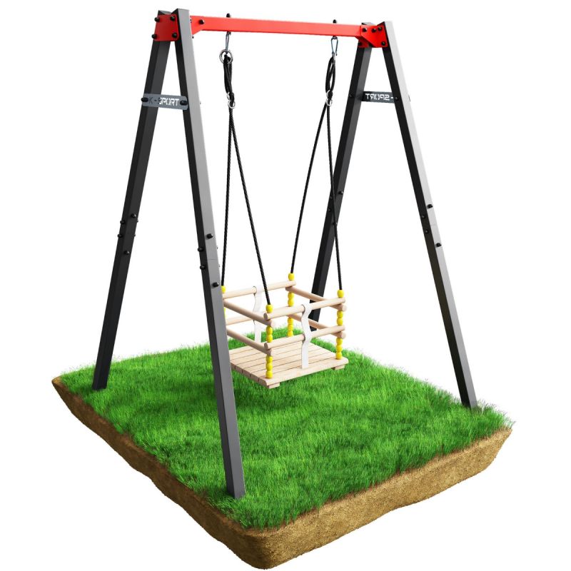 Columpio de rejilla de madera con estructura metálica estable, ideal para los más pequeños y para jugar con seguridad en el jardín