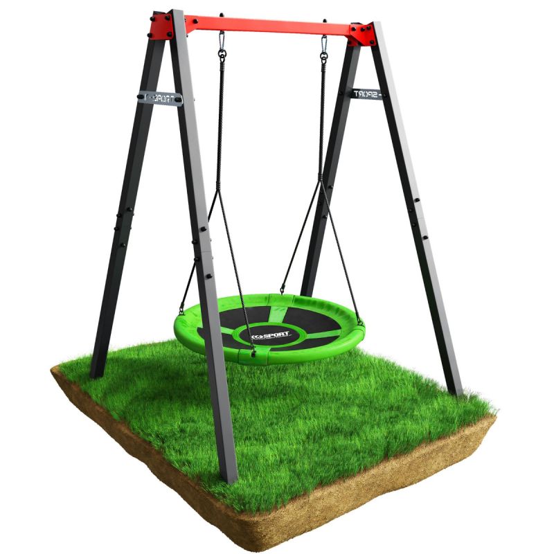 Columpio infantil de jardín con columpio de nido verde y estructura metálica estable para un juego seguro