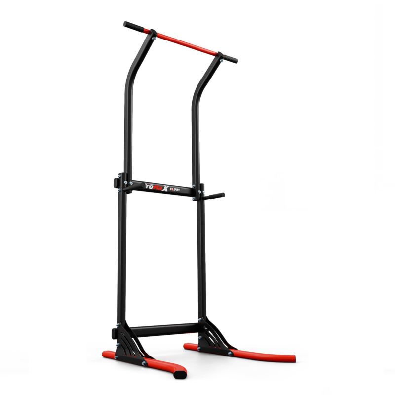 Robusta estación de flexiones con detalles en rojo y asas de inmersión