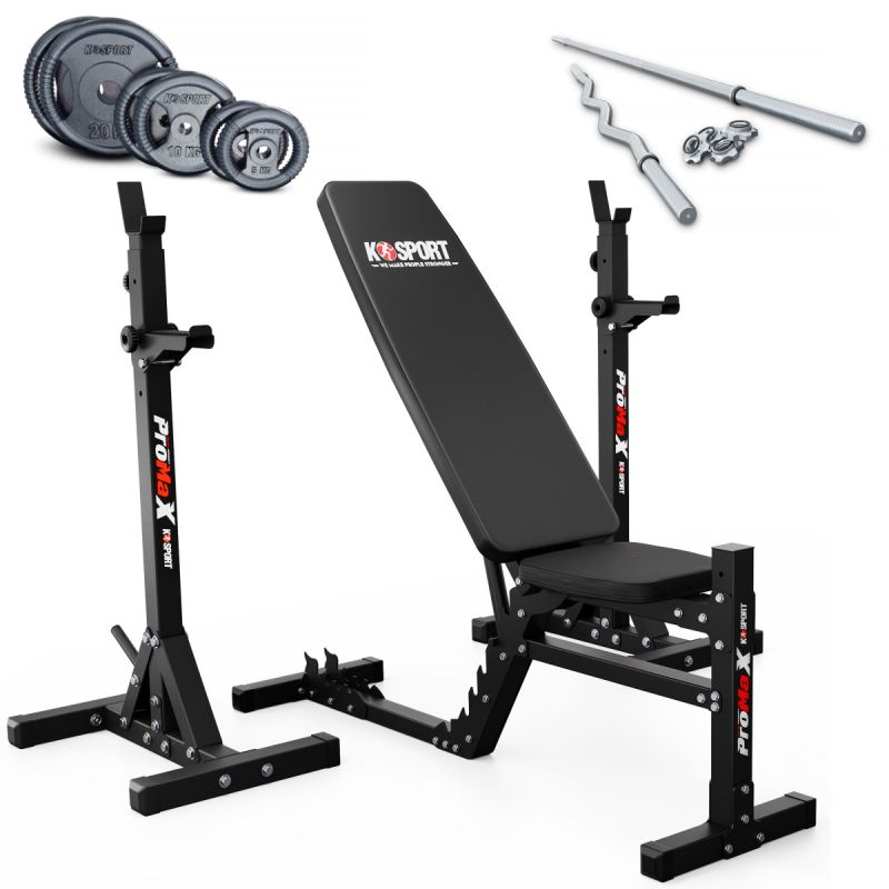 Banco ajustable con soporte para barra y set de pesas