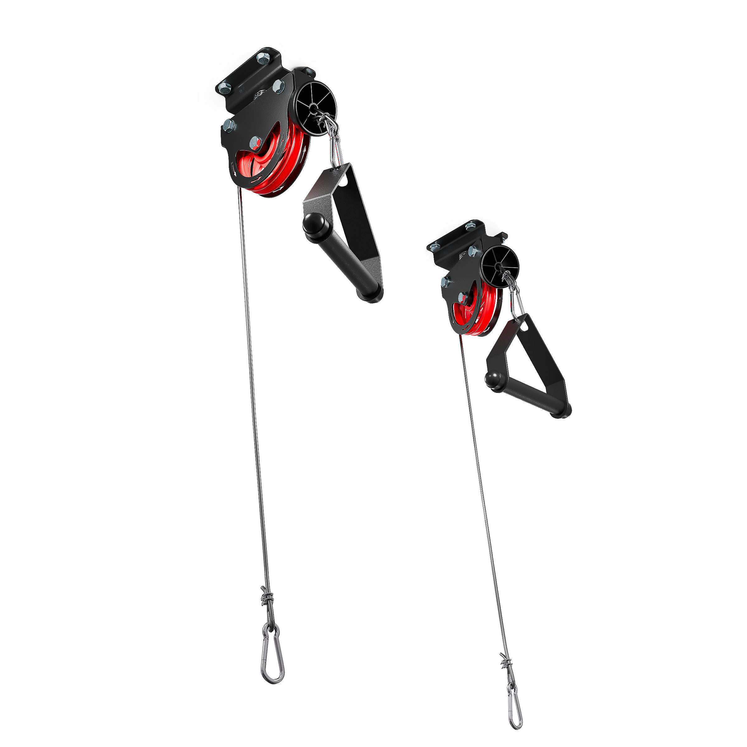 Dos poleas de cable de techo con cables, agarres de una mano y mosquetones, sin soportes de discos