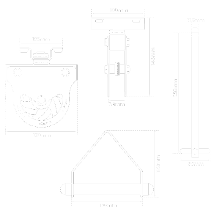 Dessin technique des poulies à câble de plafond KSSL055 avec dimensions de l'unité, de la poignée à une main et de la tige porte-disques