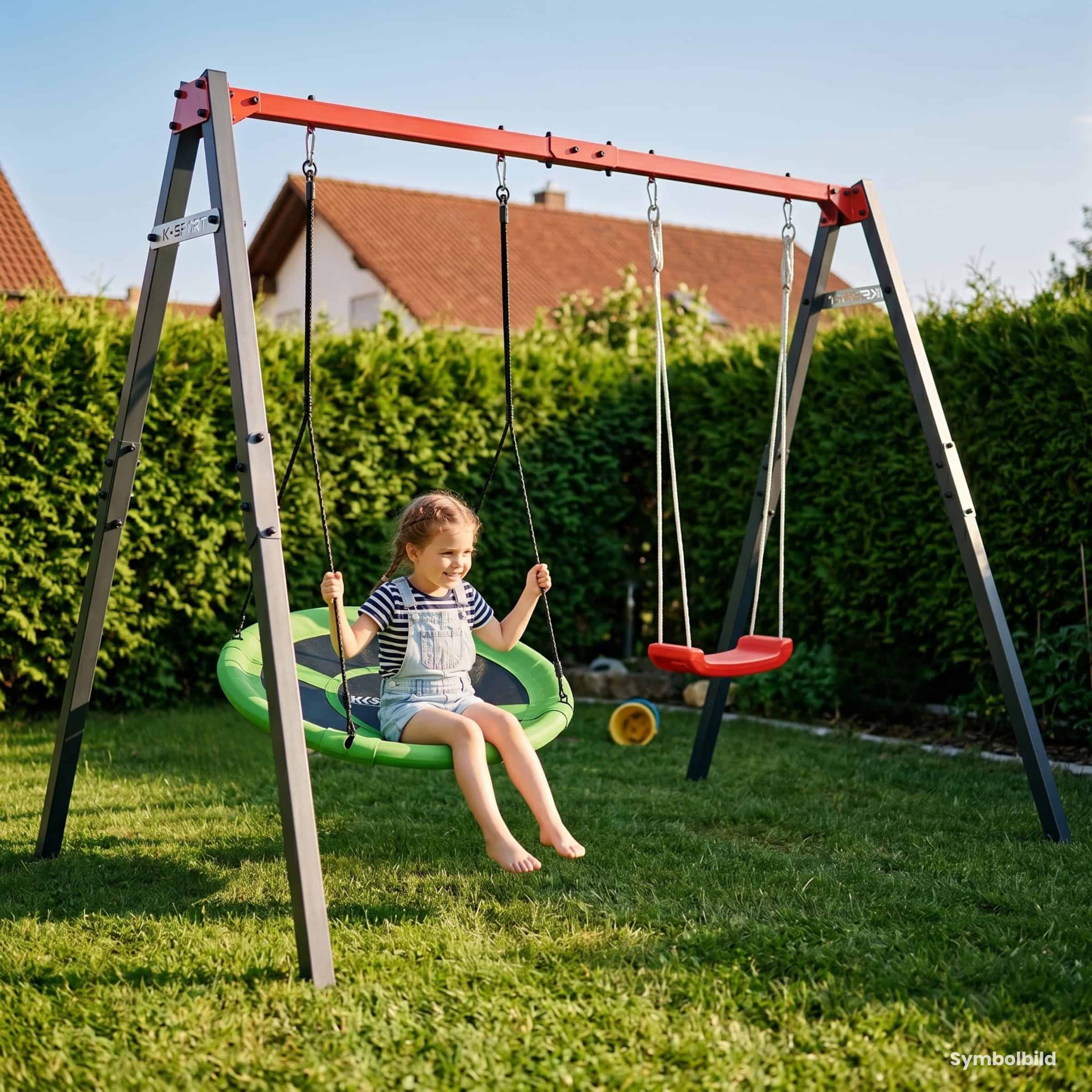 Bambino che gioca su altalena a nido in giardino con stabile altalena doppia in metallo