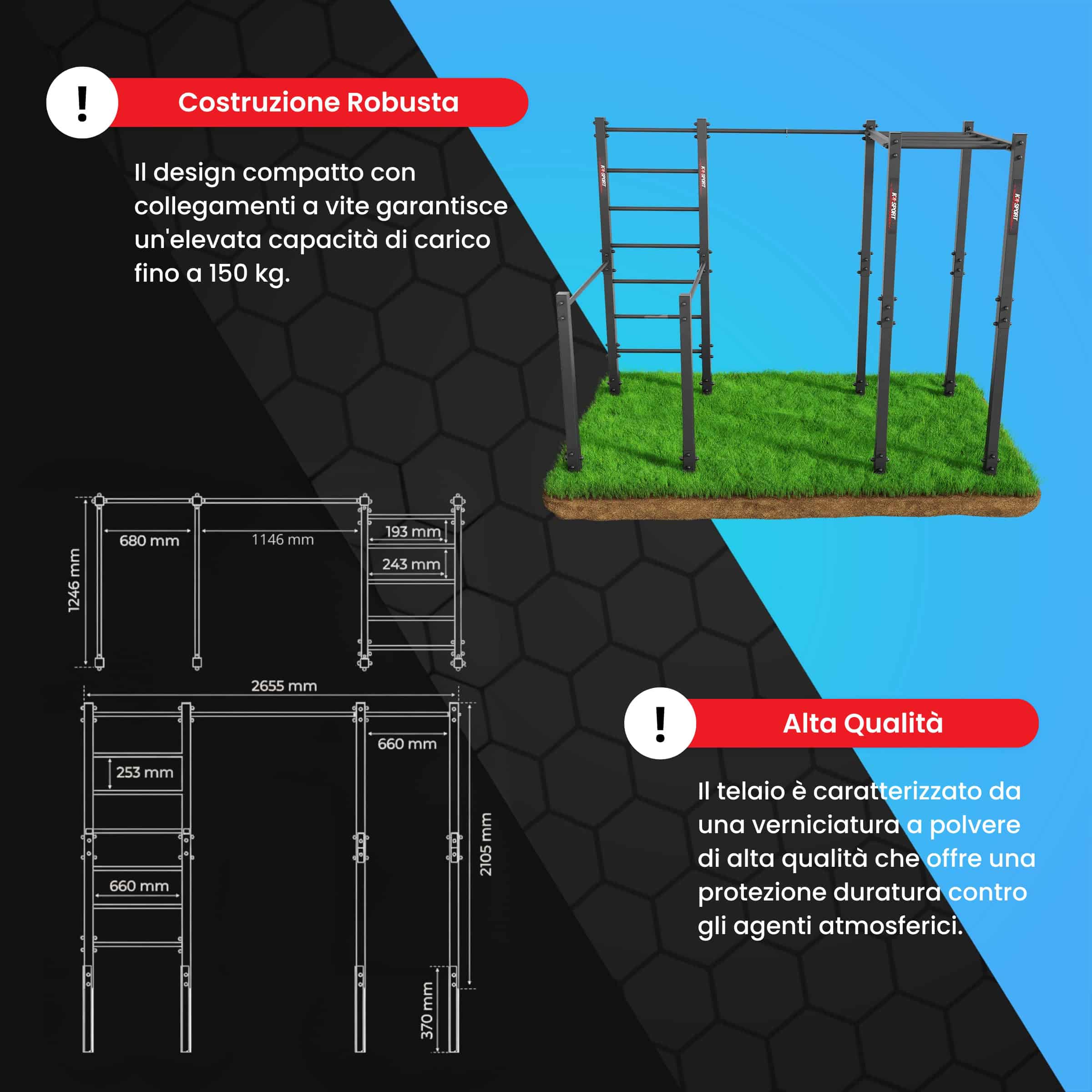 Infografica dell’attrezzo calisthenics da esterno con dimensioni, portata fino a 150 kg e struttura robusta in acciaio