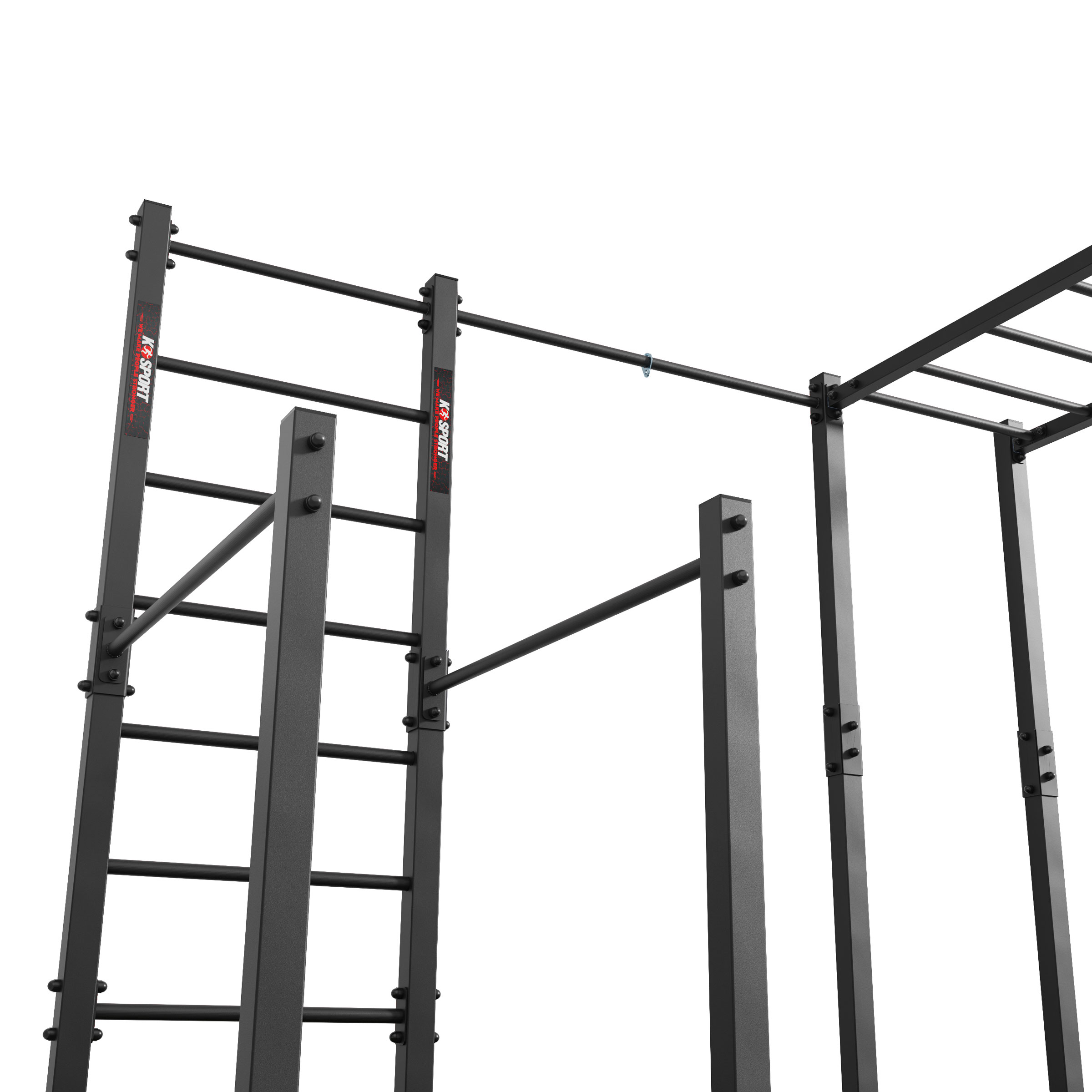 Spalliera ed elementi di supporto di un attrezzo calisthenics da esterno in metallo, struttura stabile per allenamento a corpo libero