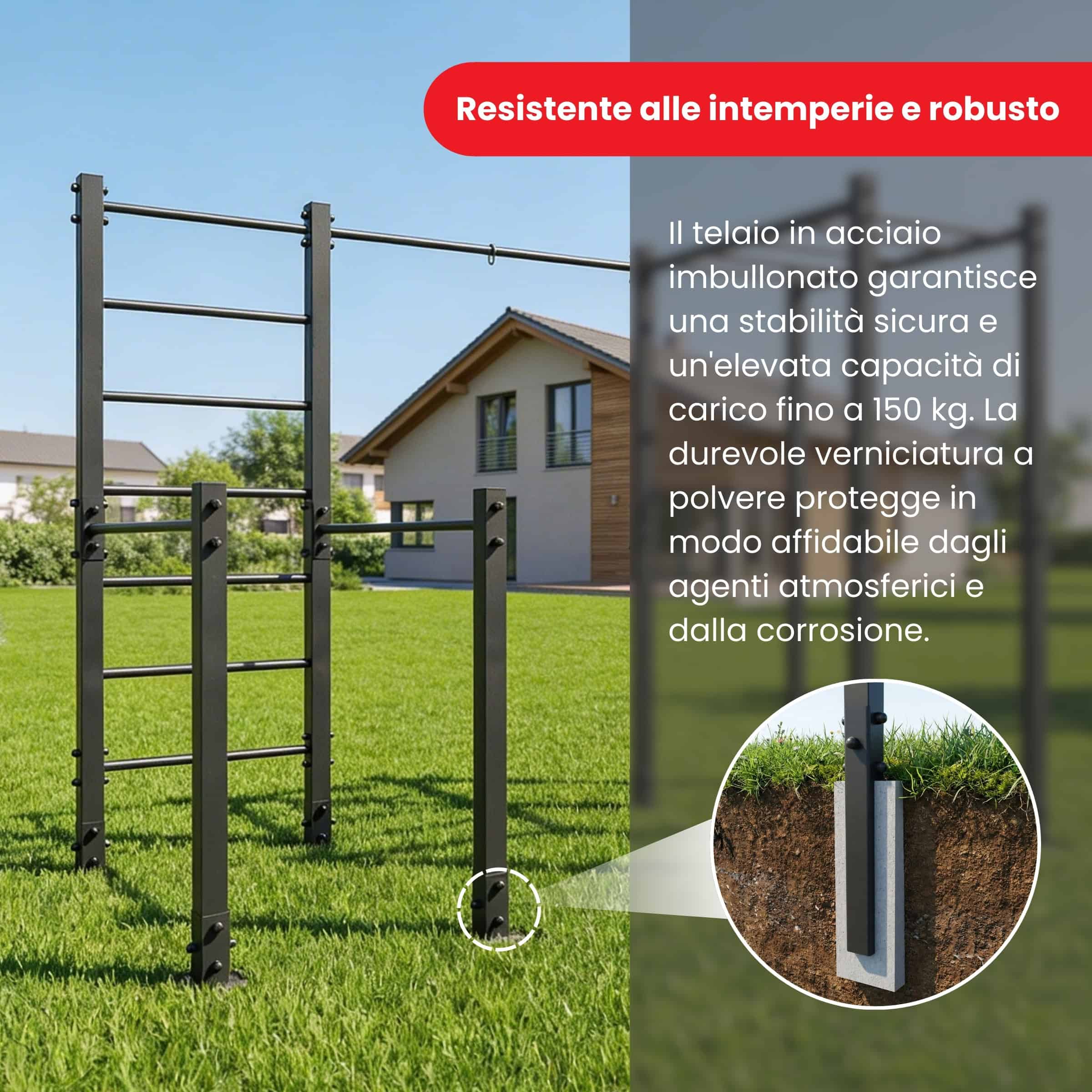 Wetterfeste Outdoor Calisthenics Anlage aus pulverbeschichtetem Stahl im Garten – stabile Bodenverankerung und belastbar bis 150 kg