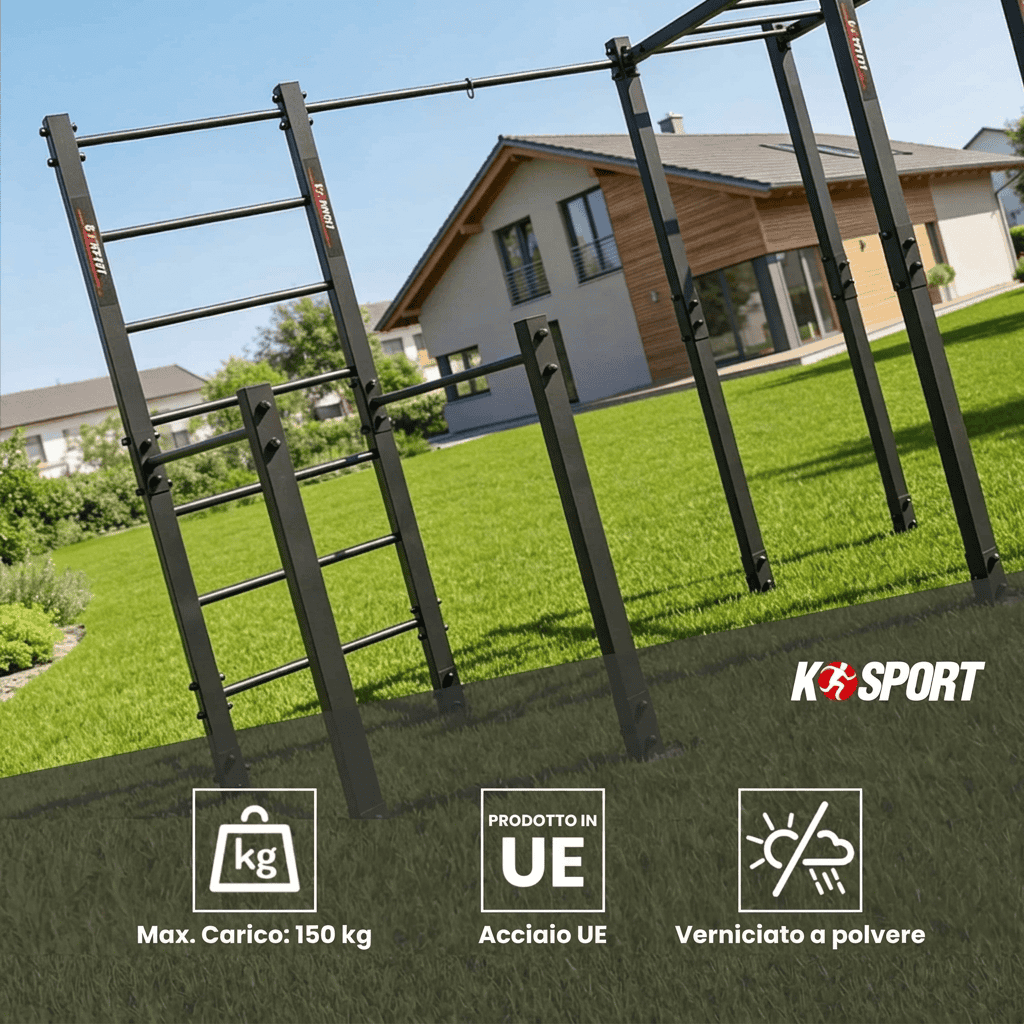 Outdoor Calisthenics Fitnessgerät für den Garten mit Sprossenwand, Hangelleiter und Klimmzugstangen – belastbar bis 150 kg, EU-Stahl