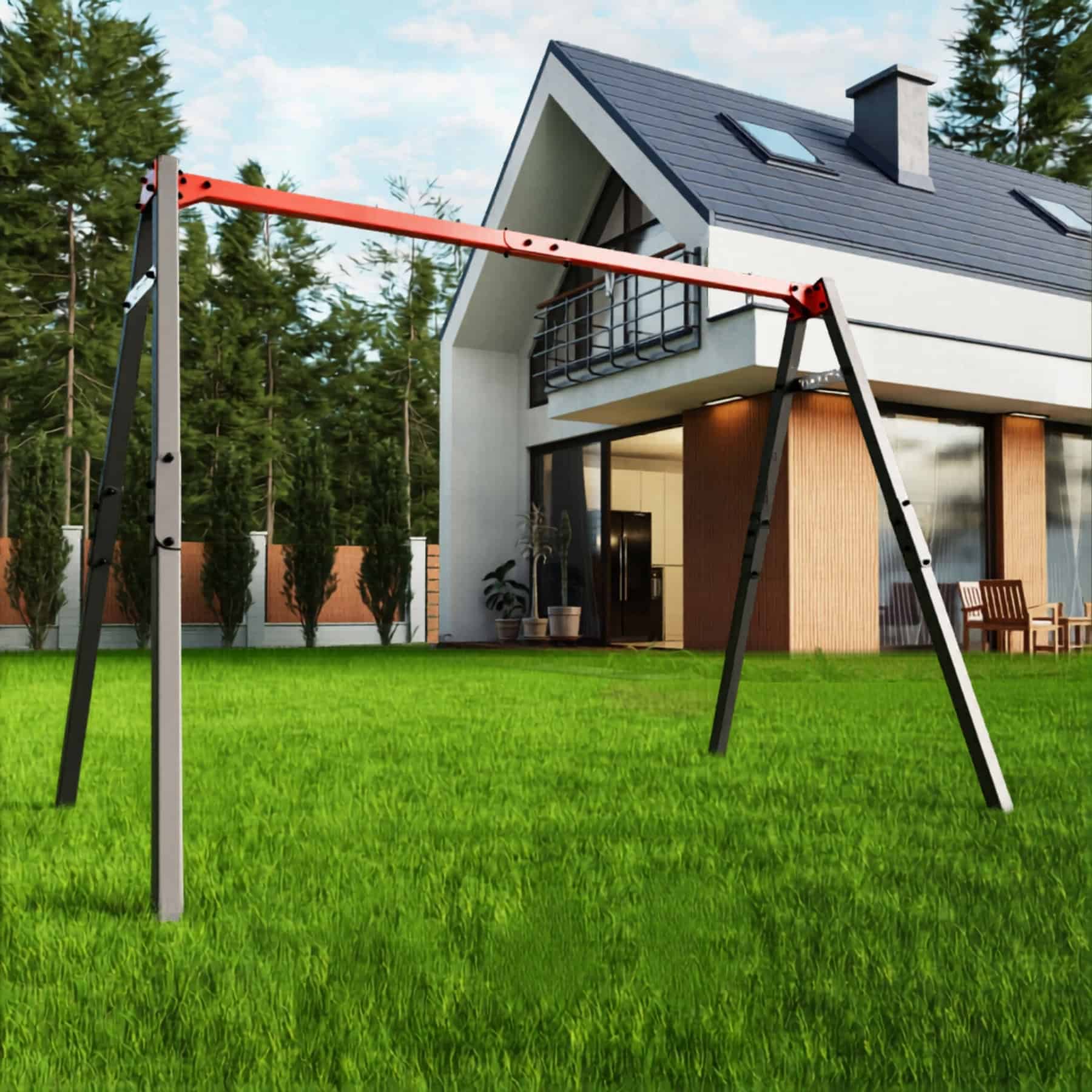 Structure de balançoire en métal dans le jardin devant maison moderne sur pelouse entretenue