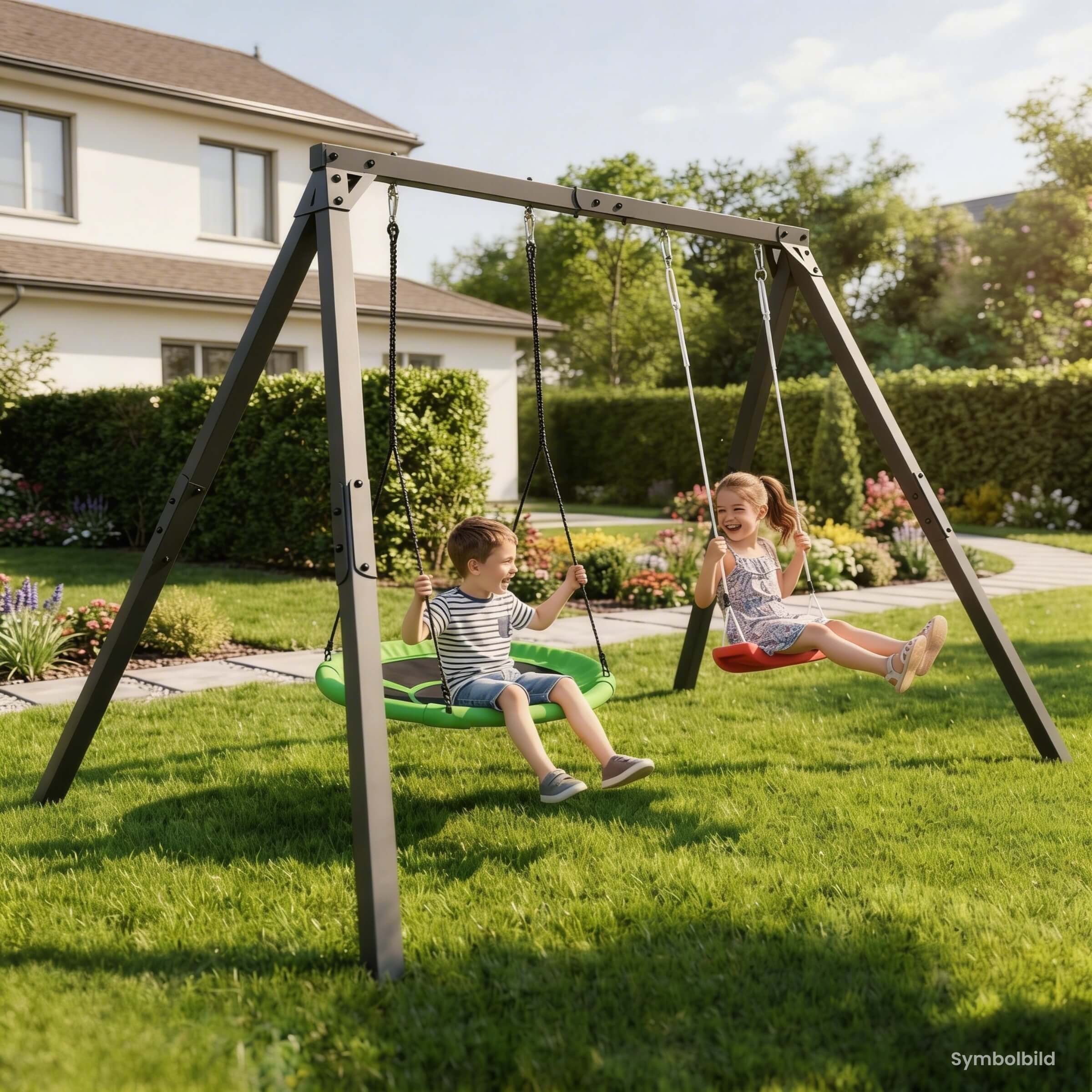 Balançoire double en métal avec balançoire nid verte et siège rouge dans un jardin moderne
