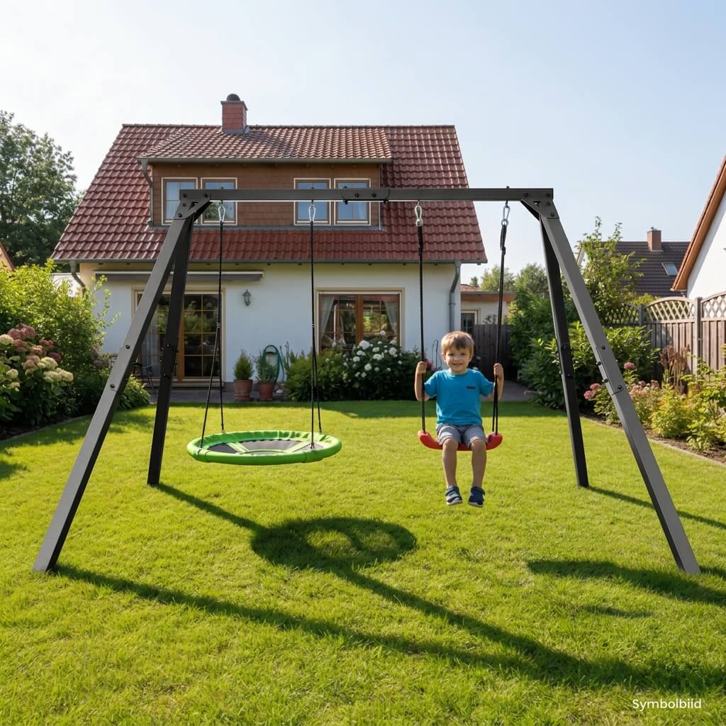 Enfant se balançant sur un siège classique sur un portique double en métal stable dans le jardin