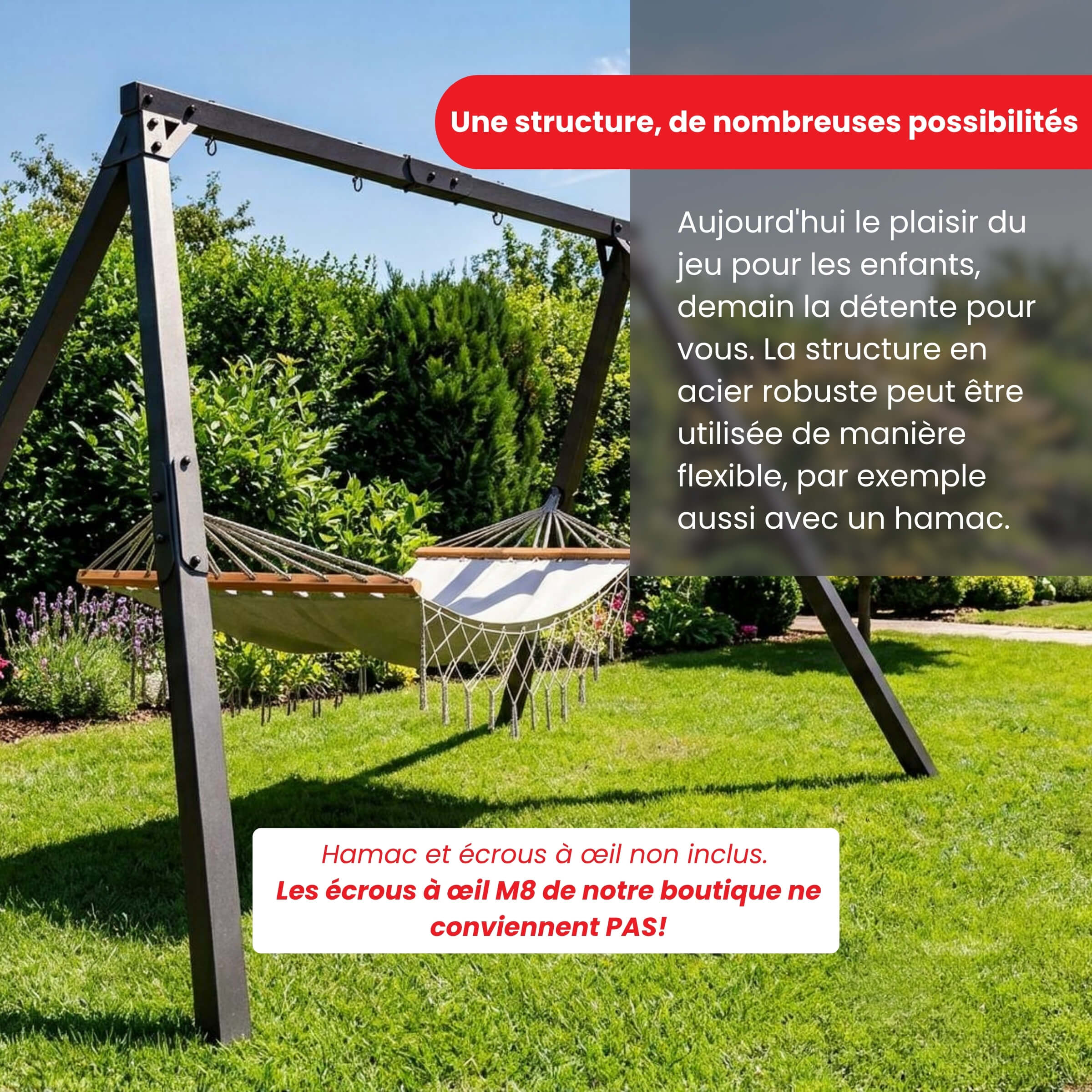 Portique de balançoire robuste en métal avec ancrage au sol et haute capacité de charge