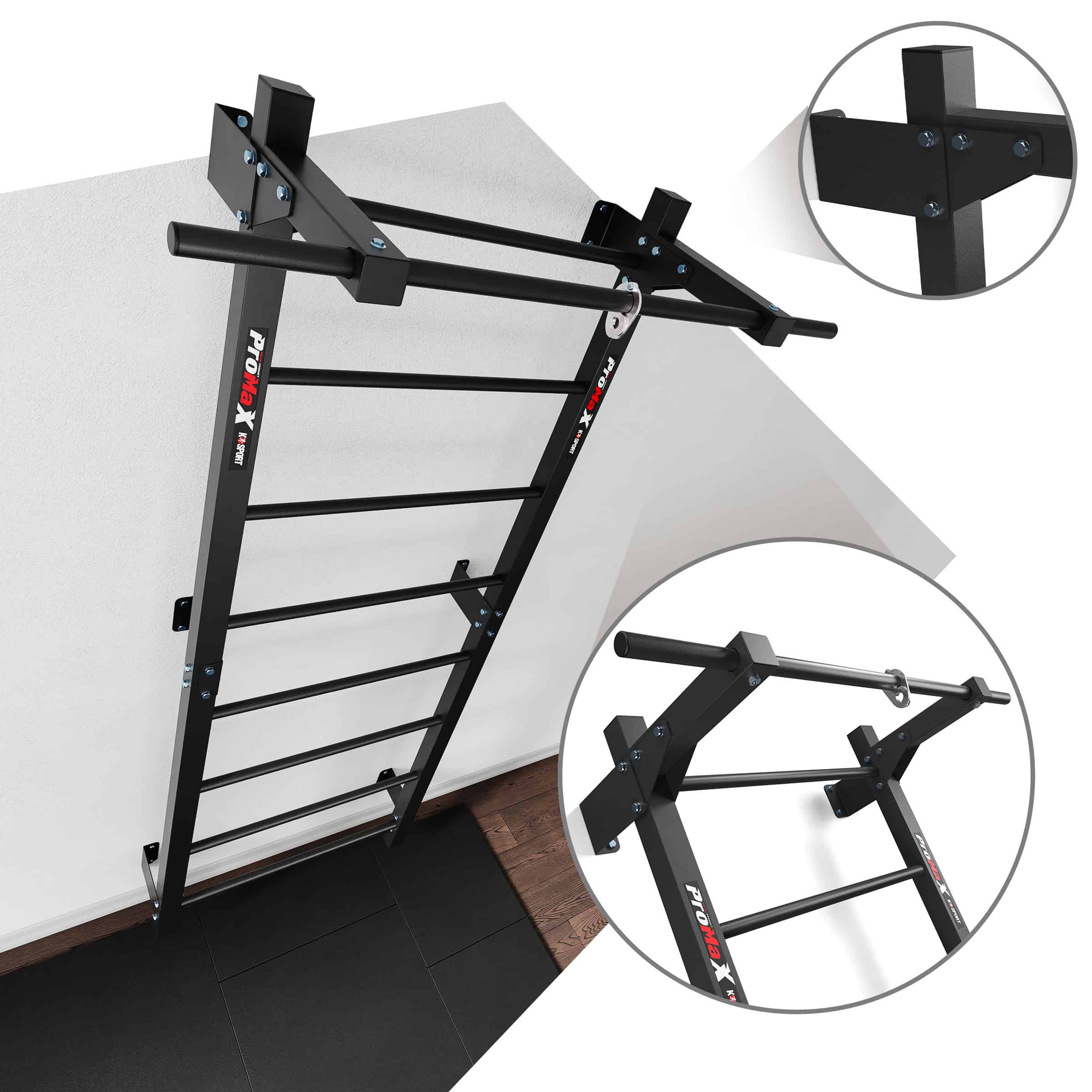 Espaldera fitness de metal montada en la pared con barra de dominadas, detalle de la fijación