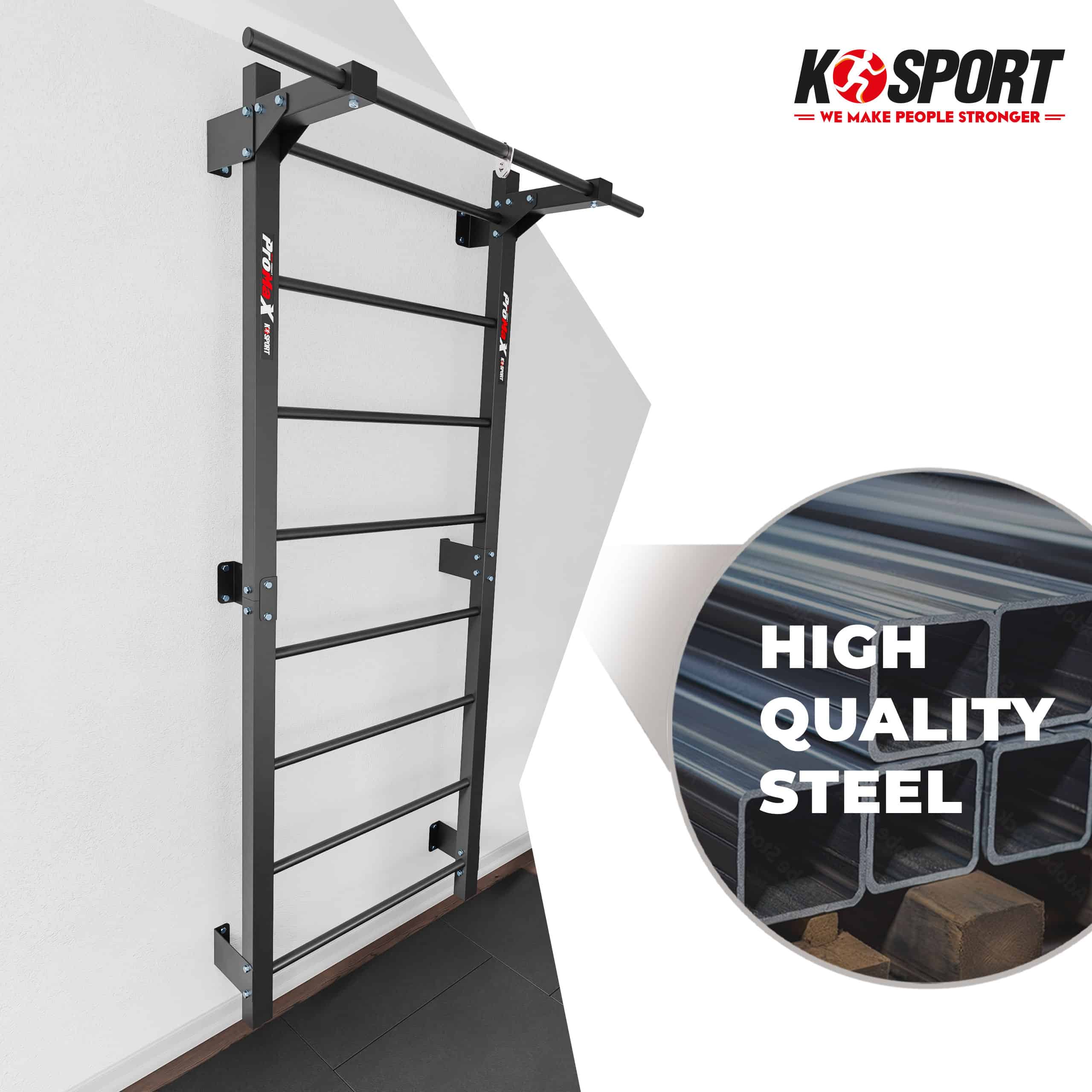 Espaldera fitness de acero de alta calidad montada en pared con barra de dominadas para home gym