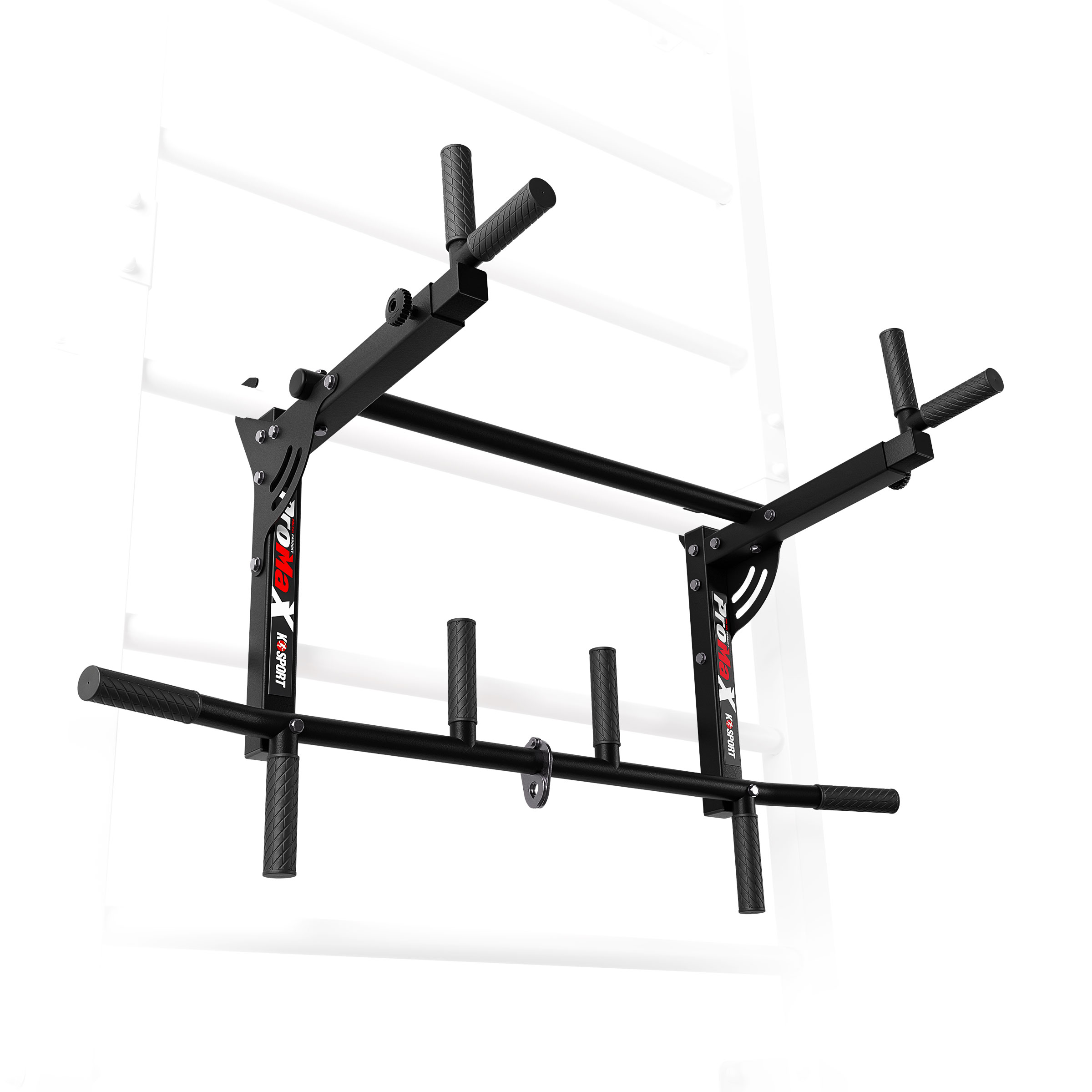 Barre de traction avec fonction dips fixée à l’espalier, comprenant des poignées centrales supplémentaires pour les exercices en prise serrée