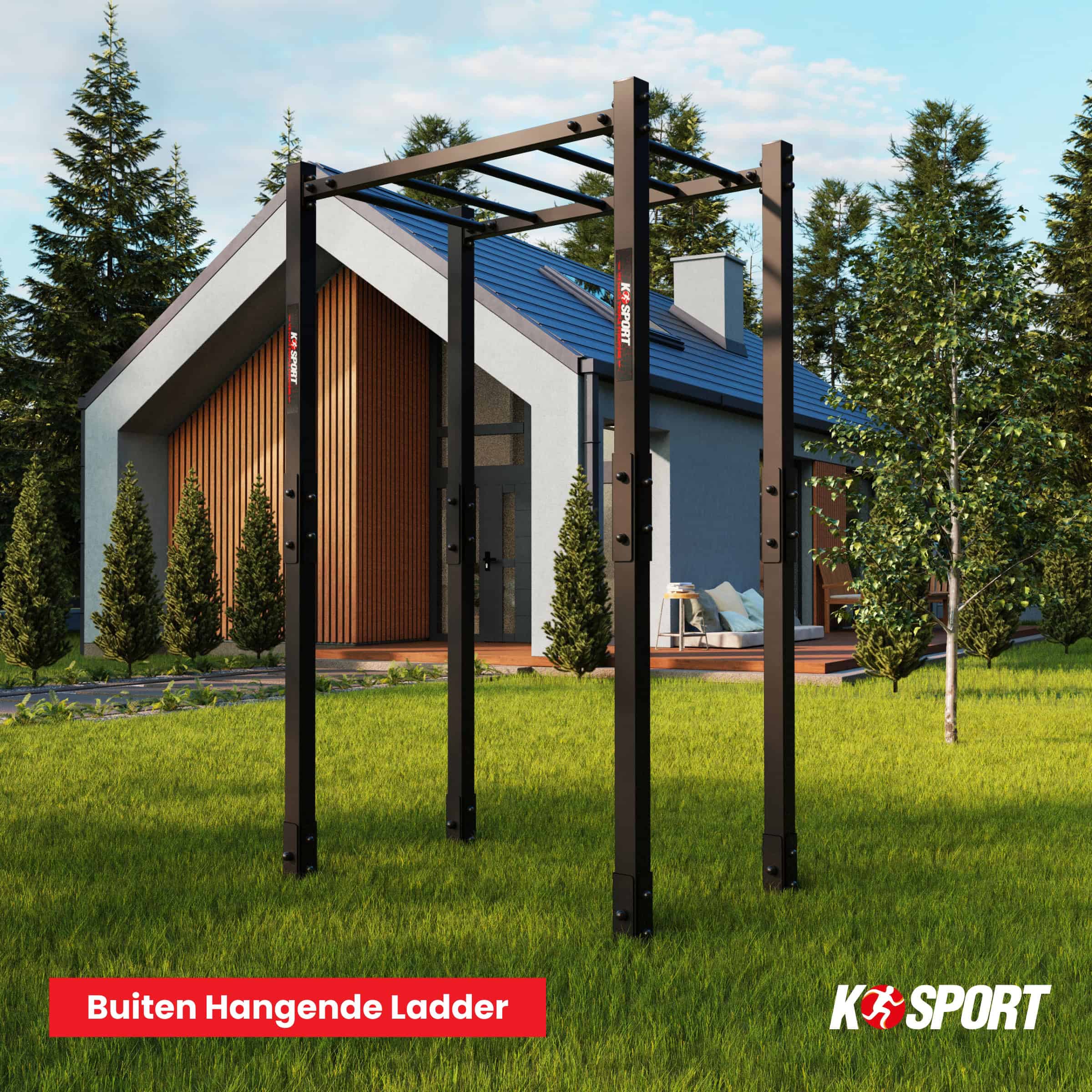 Outdoor monkeybar-toestel in de tuin van een moderne eengezinswoning, geplaatst op gras en geschikt voor buitentraining