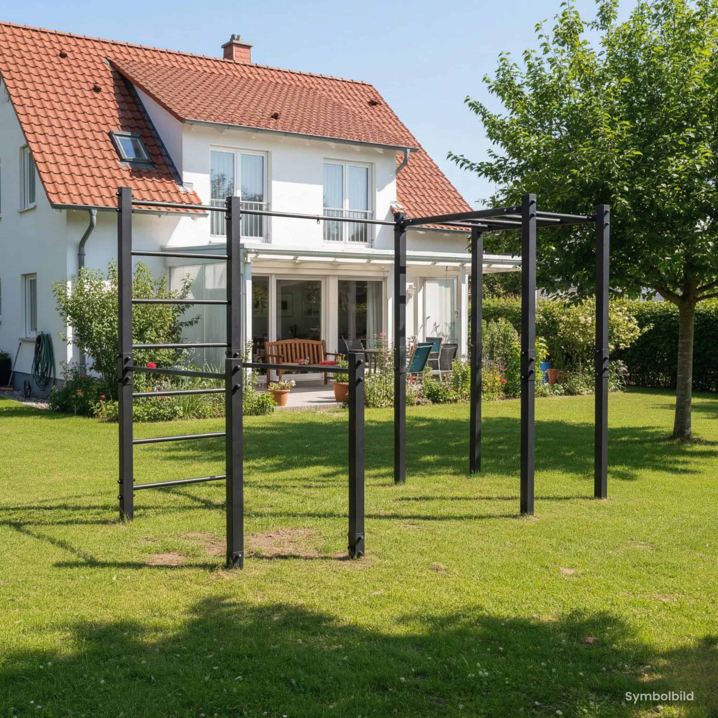 Outdoor calisthenics toestel met klimrek, optrekstang en monkey bars in de tuin van een eengezinswoning
