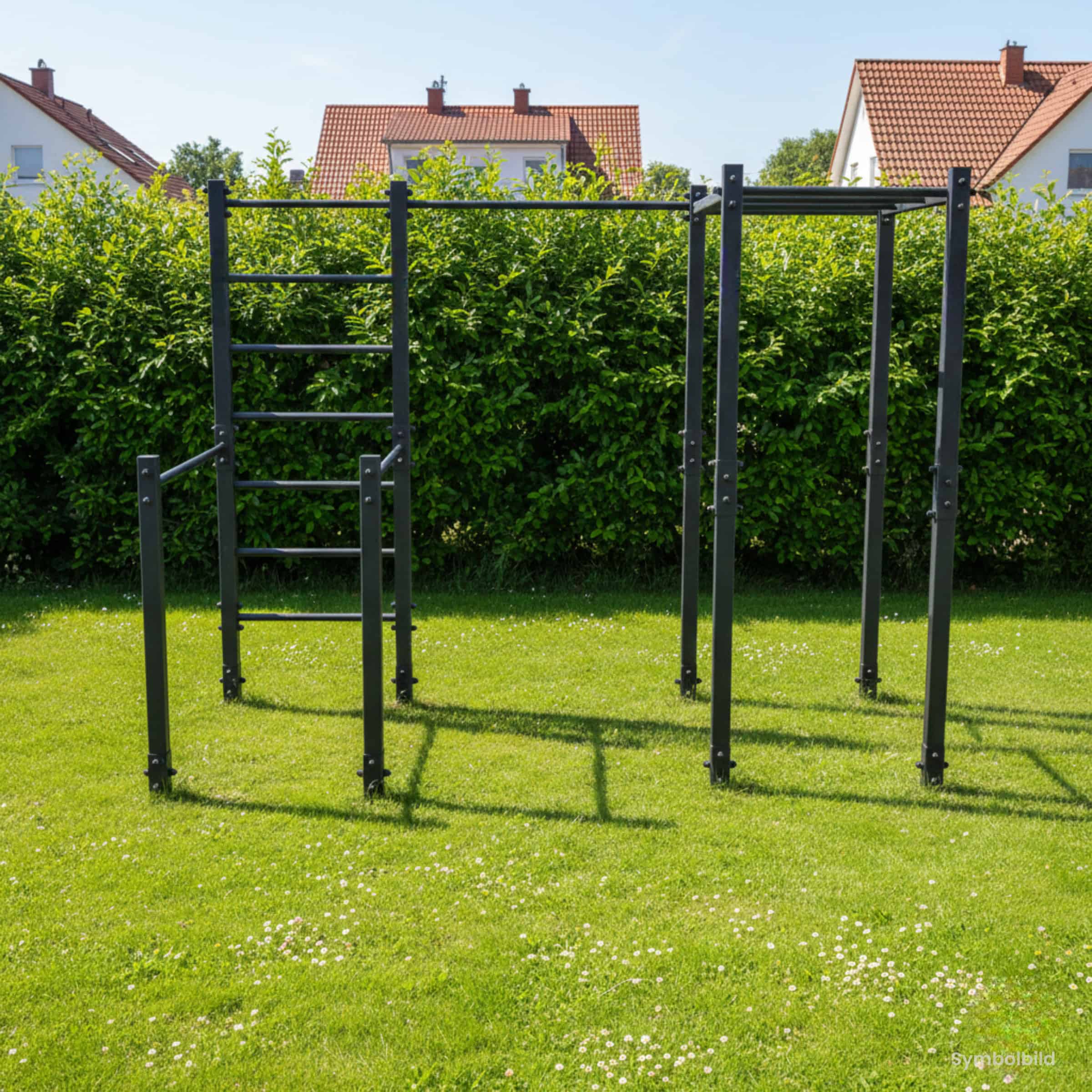 Zwart calisthenics park voor buiten met monkeybars en dip-stations op een gazon voor een heg.