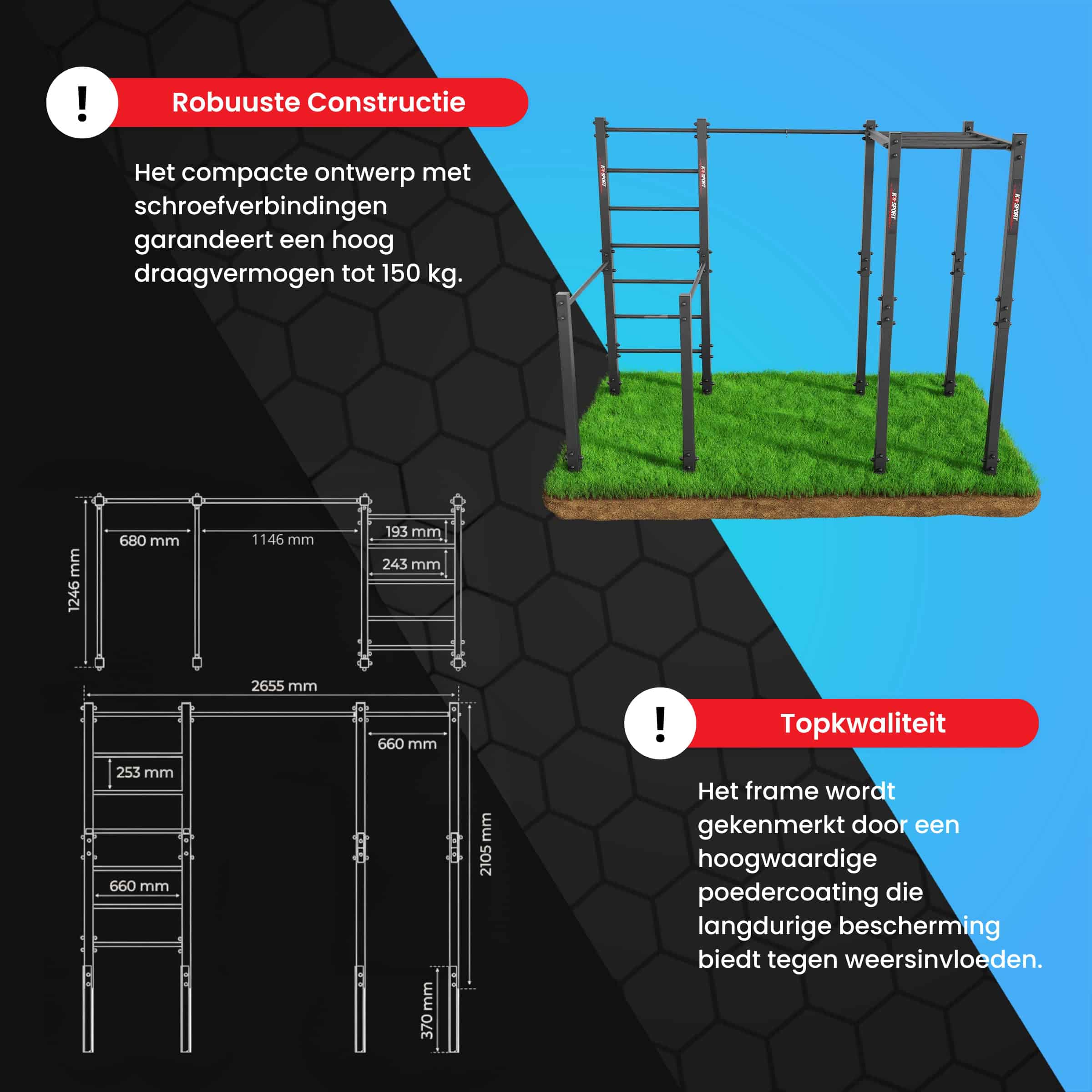 Infografiek van het outdoor calisthenics toestel met afmetingen, draagvermogen tot 150 kg en robuuste staalconstructie