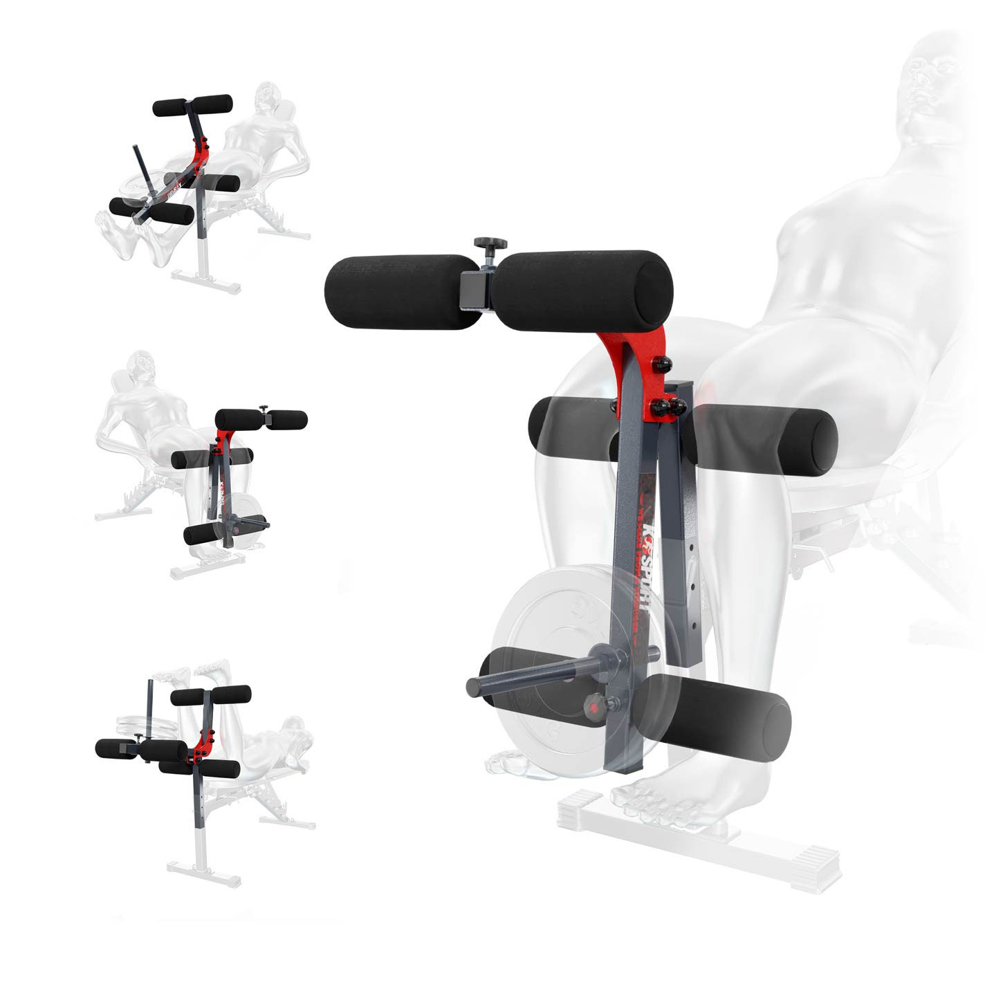 Accessoire leg curl pour banc de musculation avec démonstration des positions d’exercice