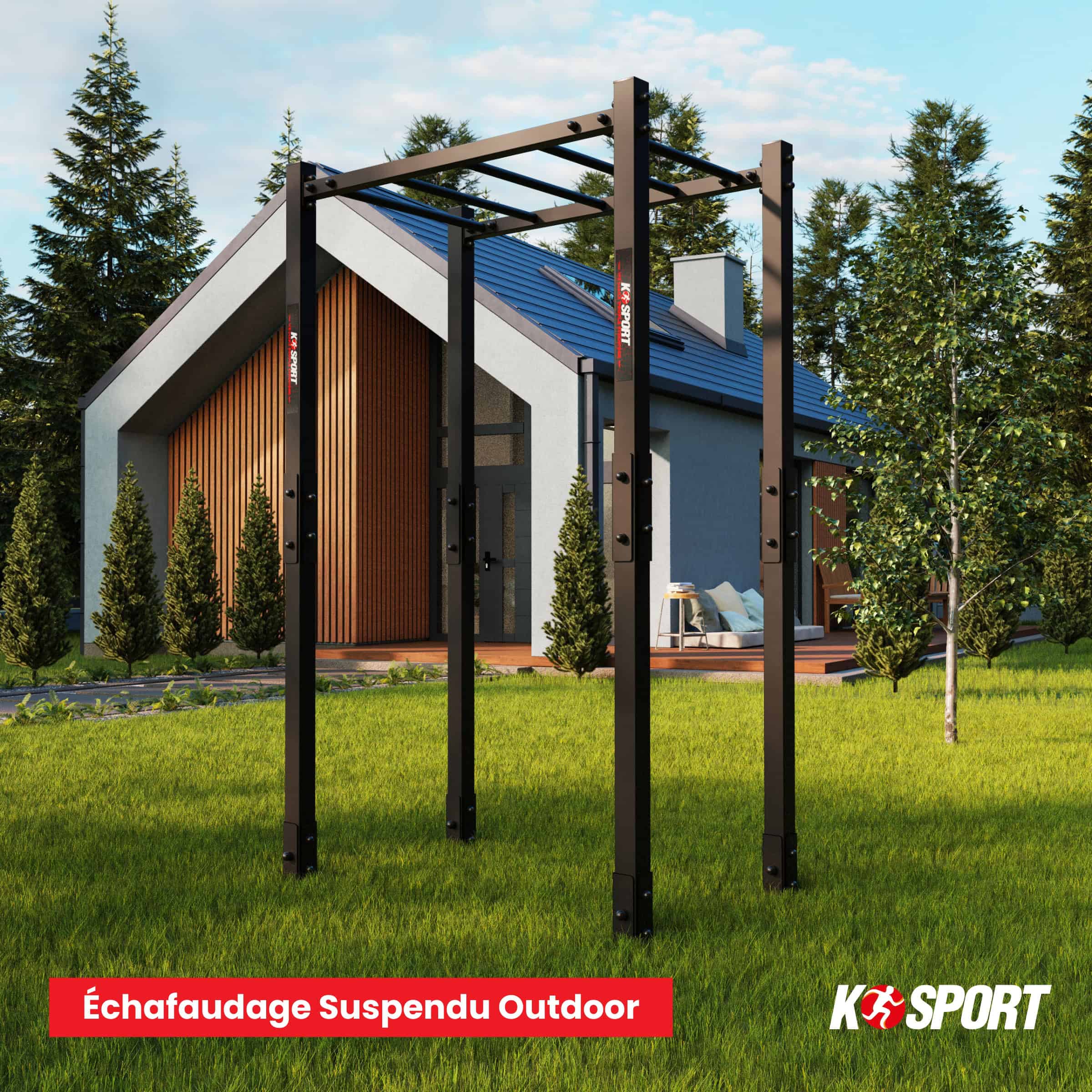 Structure de monkey bars d’extérieur installée dans le jardin d’une maison individuelle moderne, montée sur pelouse et adaptée à l’entraînement en plein air