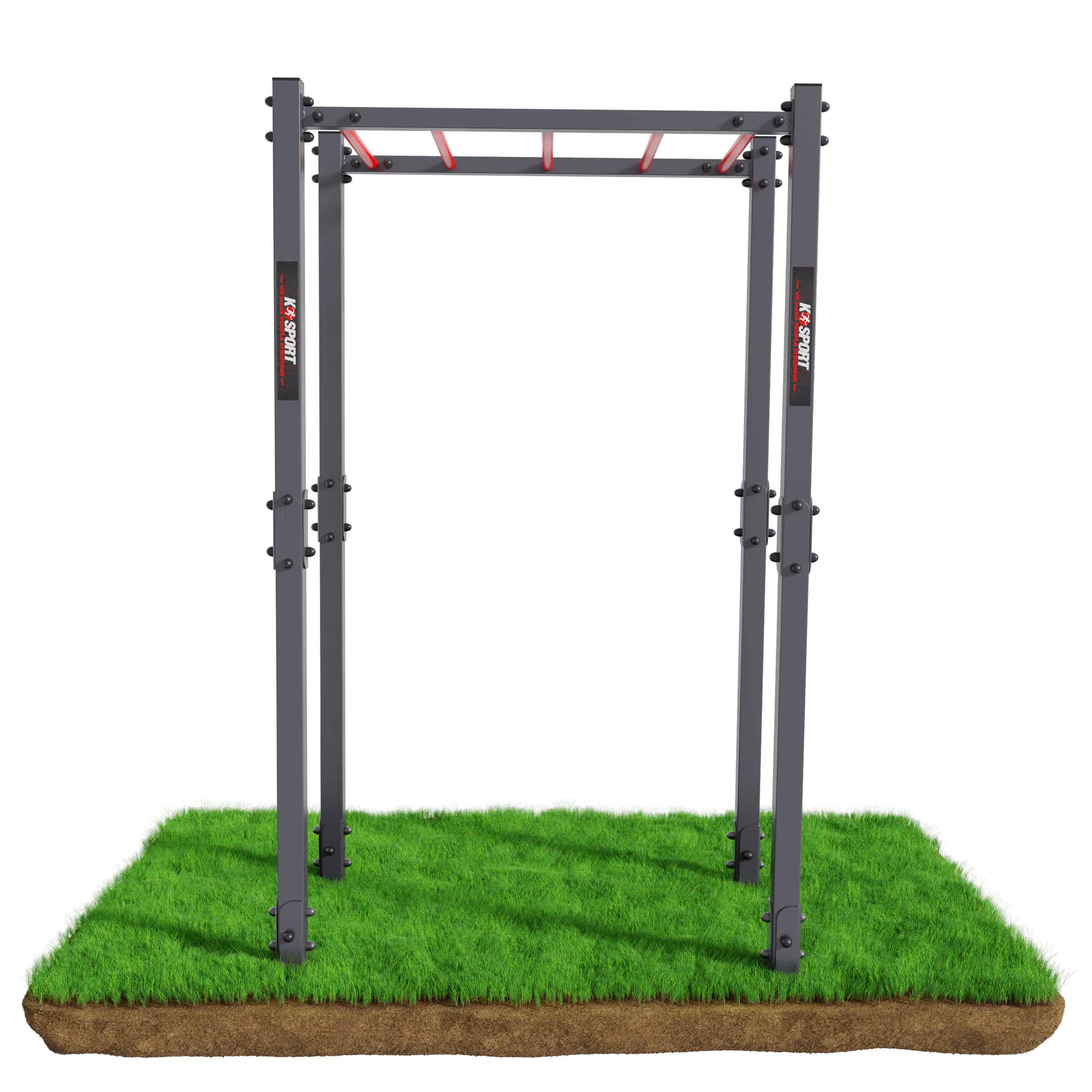 Vue de face de la structure d’escalade extérieure en acier avec barreaux rouges pour jardin