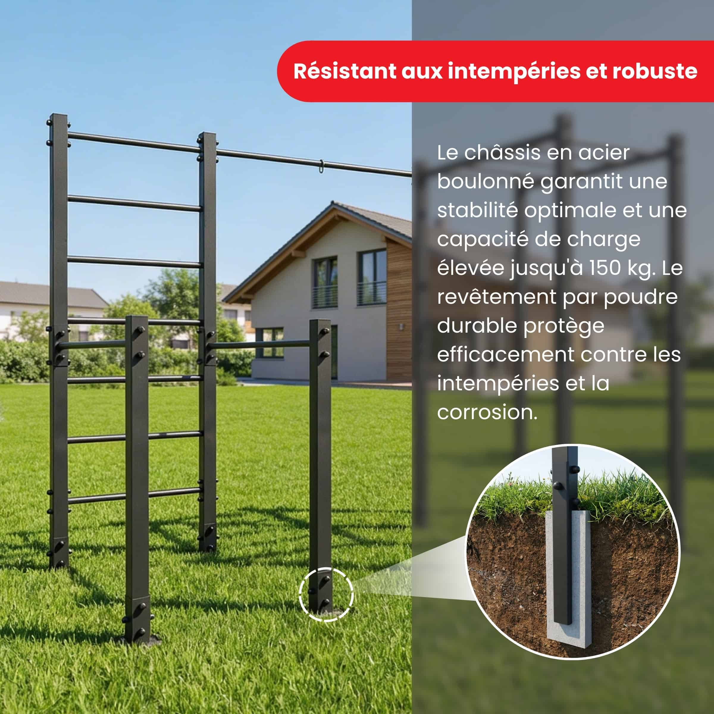 Wetterfeste Outdoor Calisthenics Anlage aus pulverbeschichtetem Stahl im Garten – stabile Bodenverankerung und belastbar bis 150 kg
