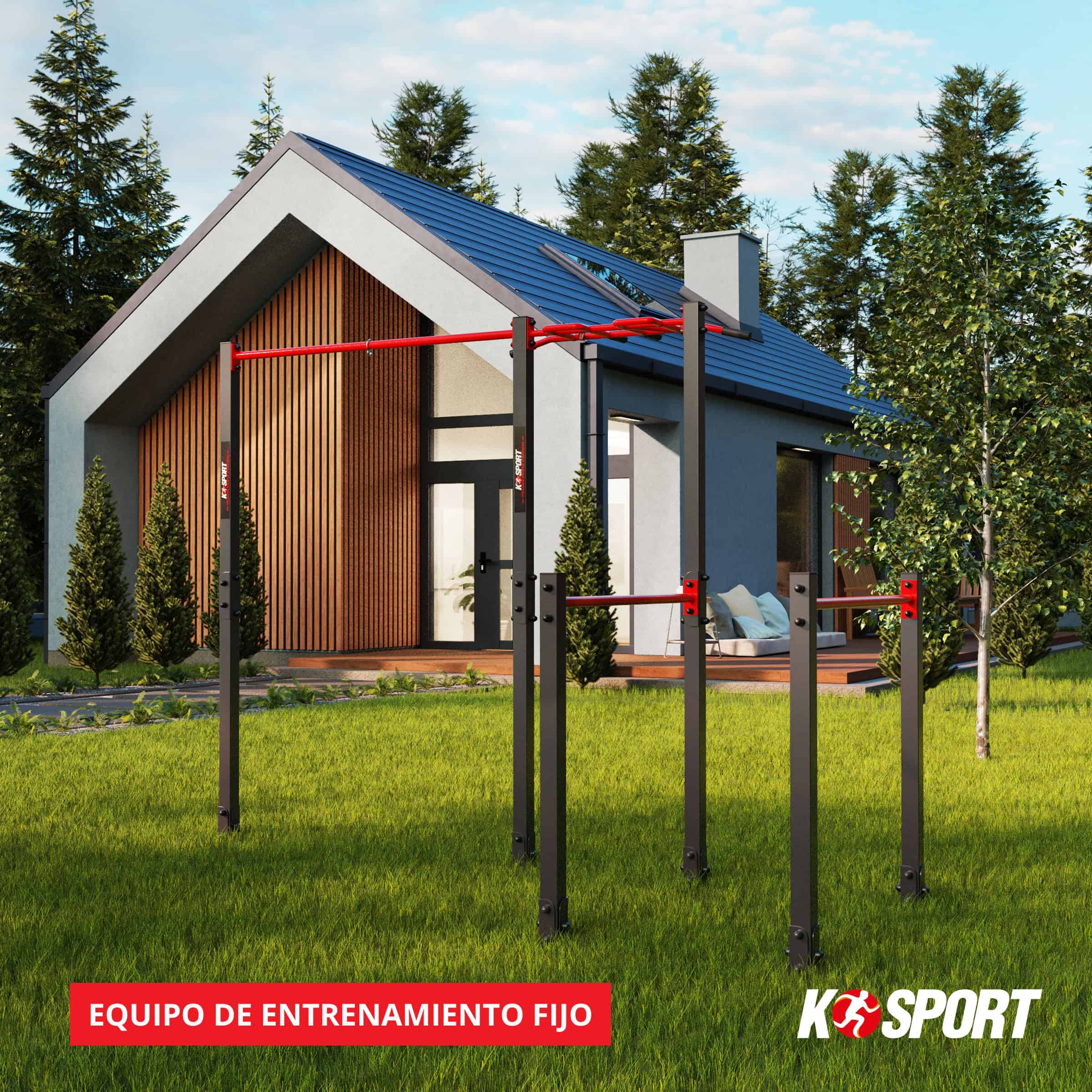 Aparato de fitness con barras de dominadas y paralelas en jardín frente a casa moderna – modelo K-Sport