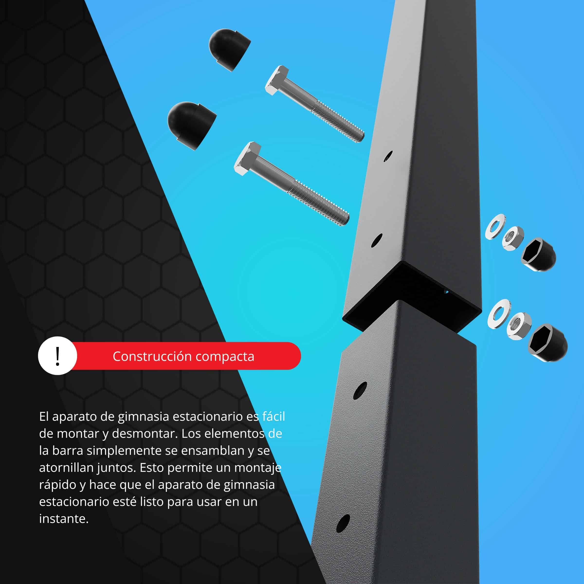 Detalle del sistema de montaje con tornillos del aparato de gimnasia – explicación de montaje fácil