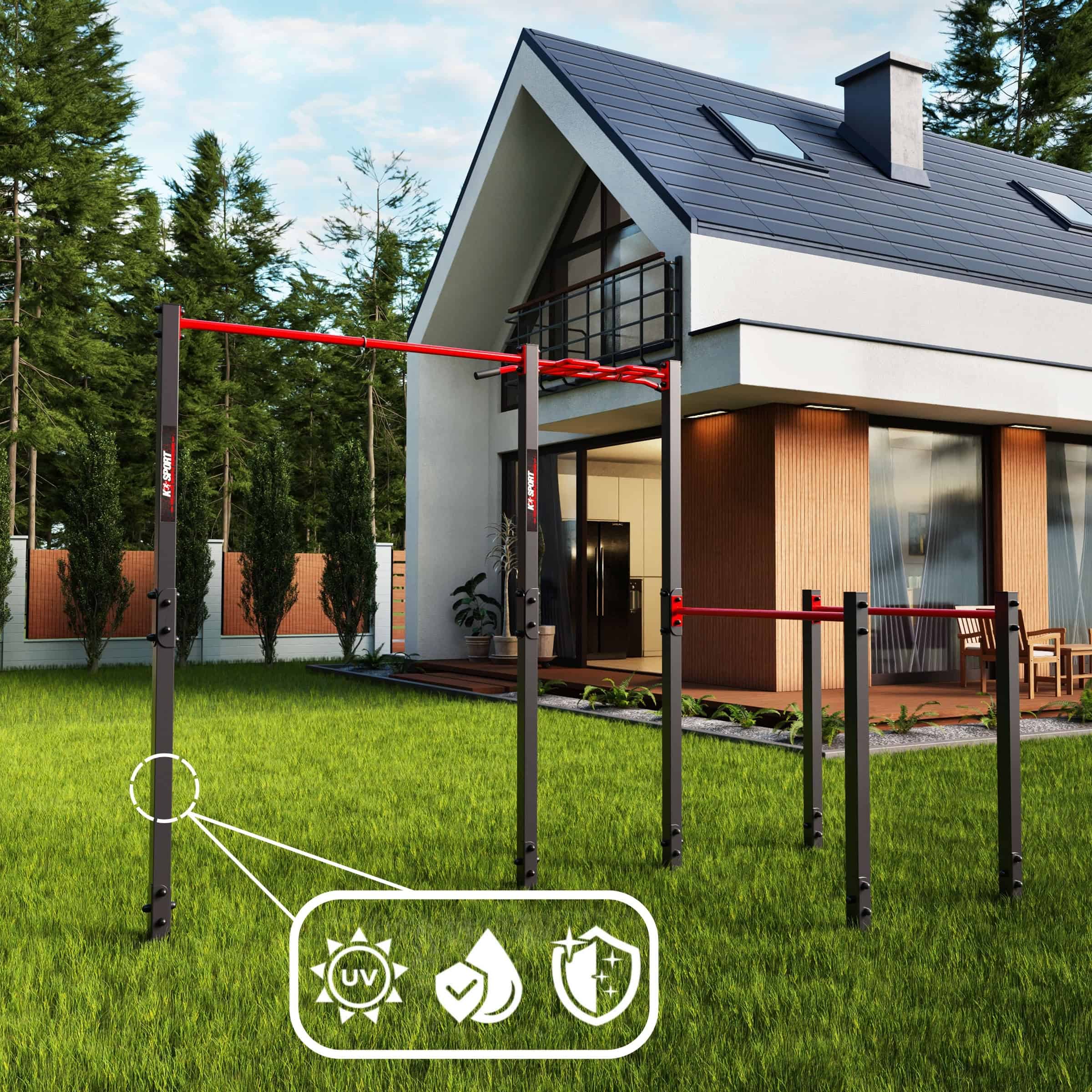 Aparato de gimnasia exterior con recubrimiento resistente al clima – iconos de protección UV, agua y óxido