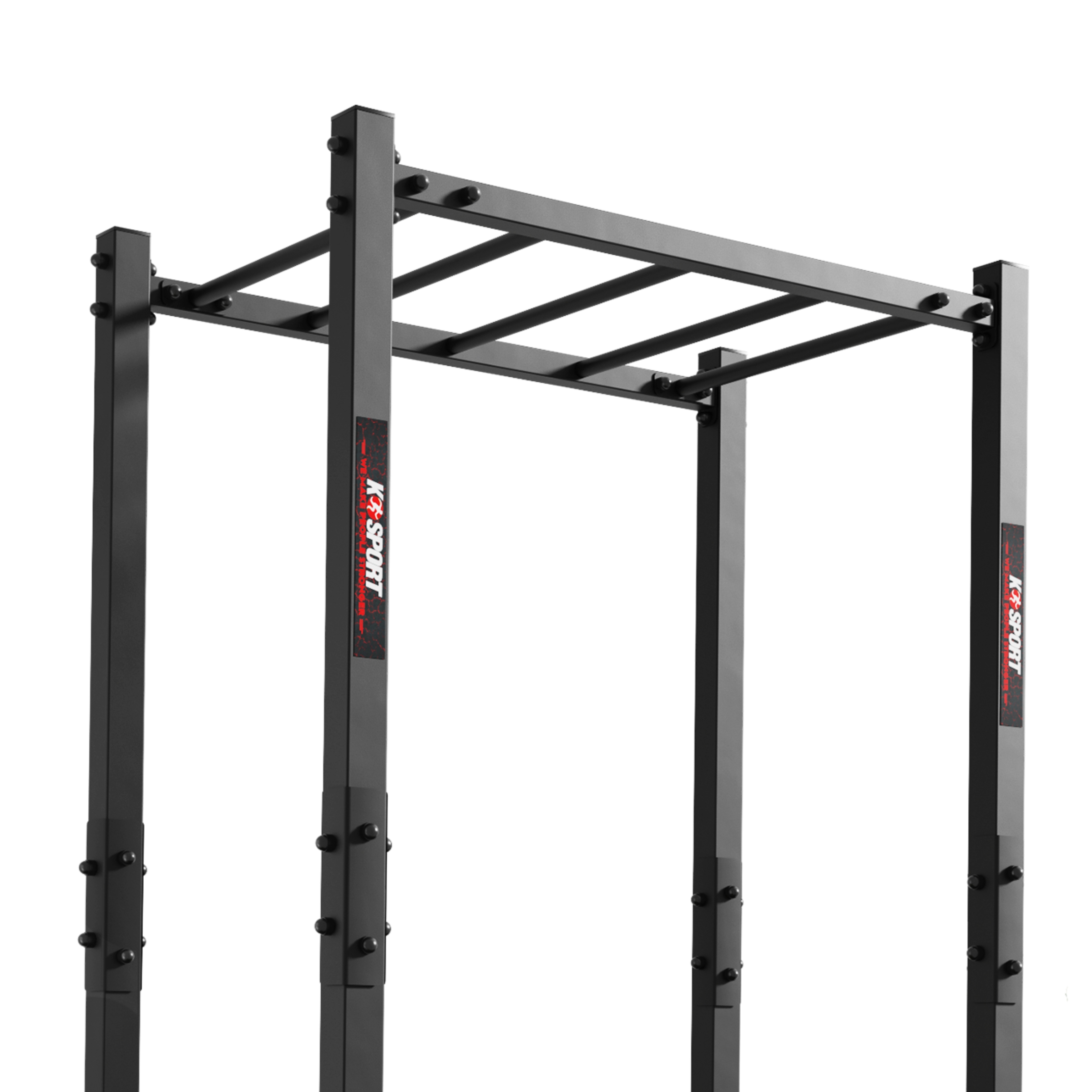 Vista detallada de la parte superior de una estructura de monkey bars para exterior con barras horizontales y estructura de acero atornillada