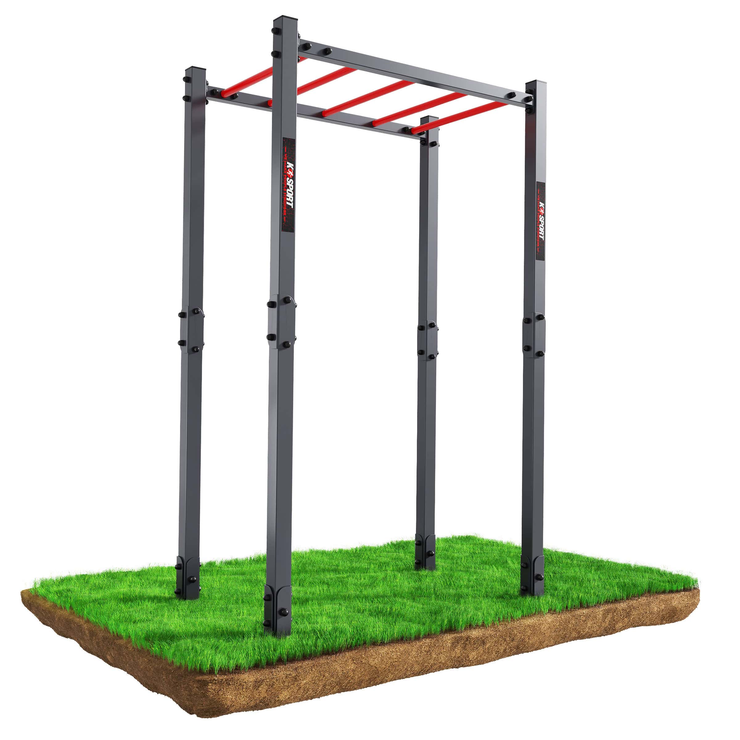 Estructura de escalada exterior de acero con peldaños rojos sobre césped verde, autoportante
