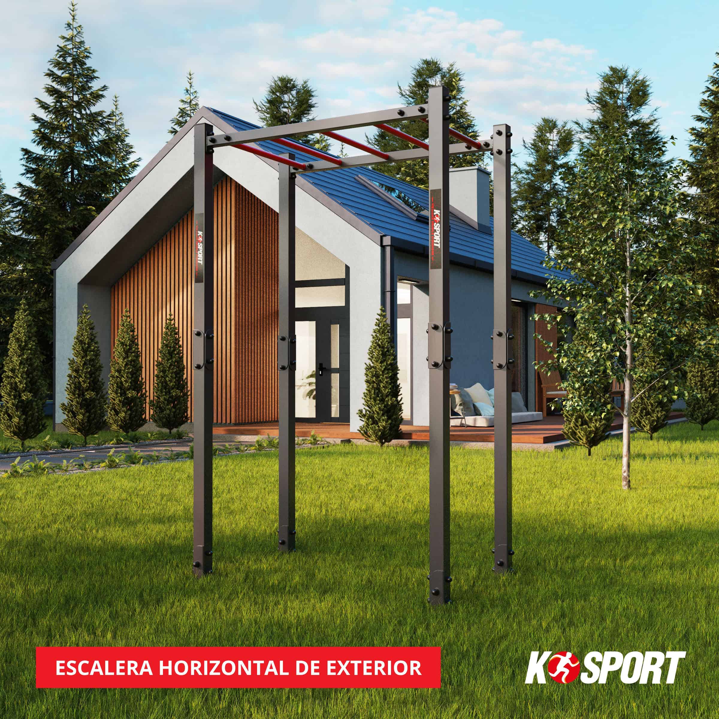 Estructura de escalada exterior K-Sport en jardín frente a una casa moderna