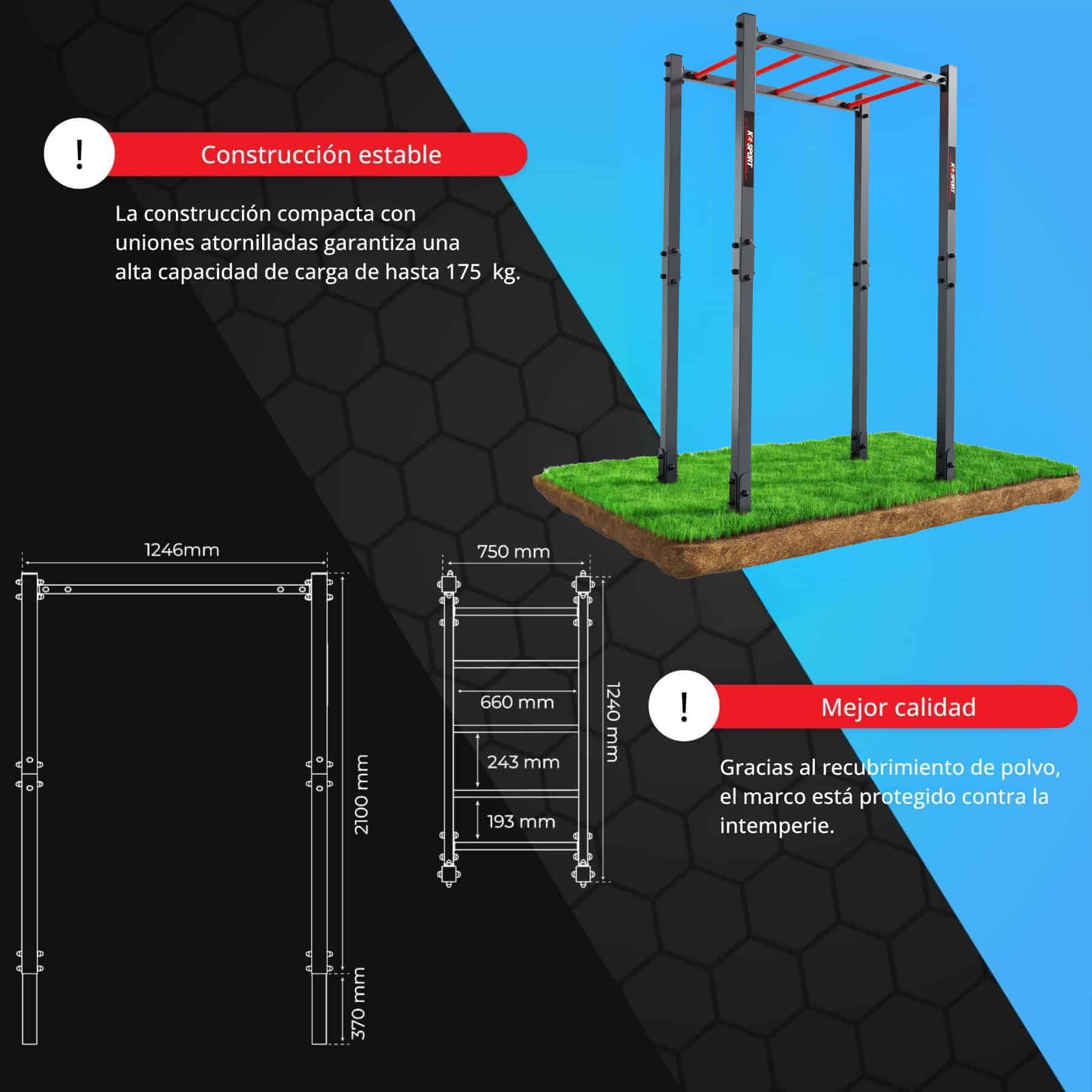 Plano técnico y dimensiones de la estructura de escalada exterior con capacidad de hasta 175 kg