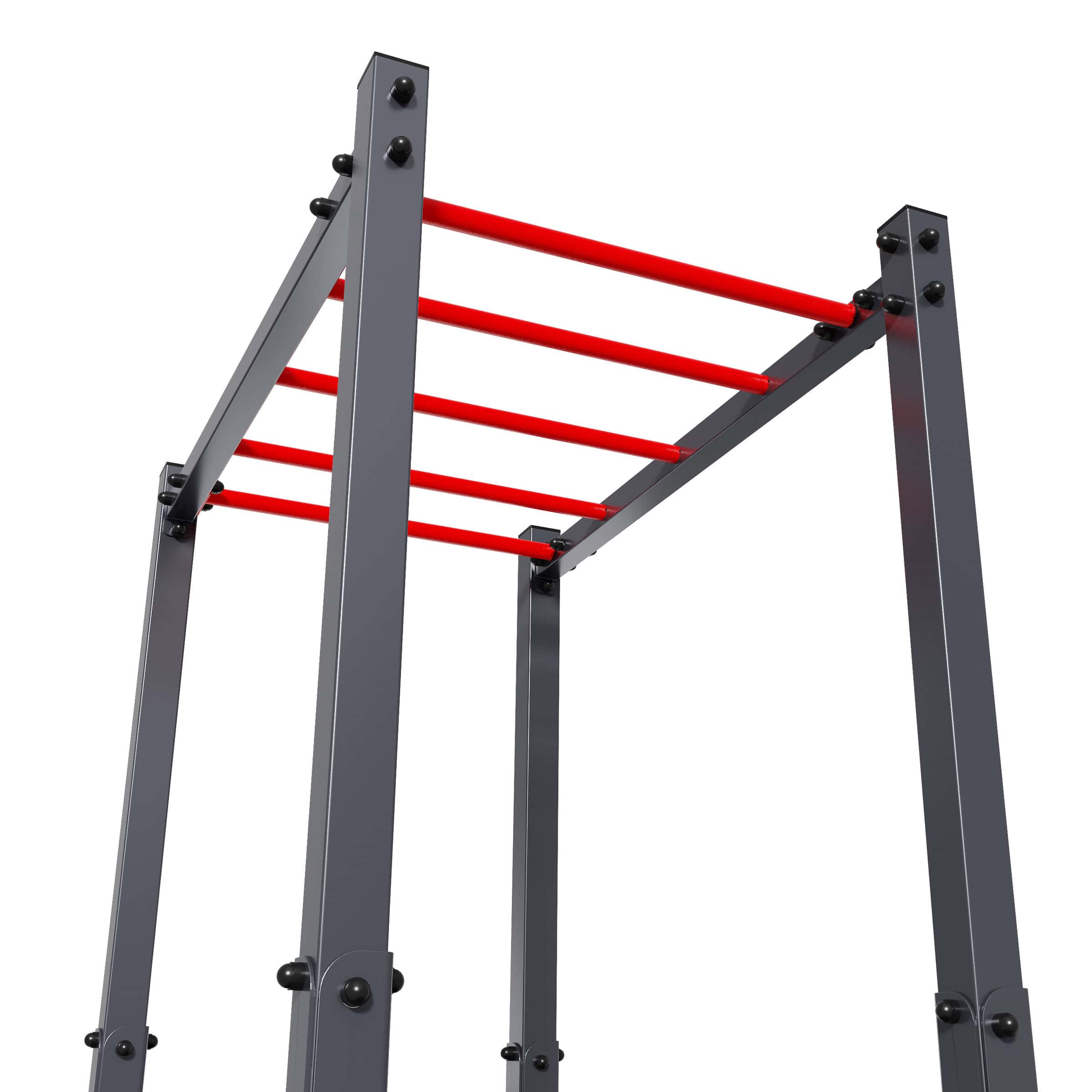 Vista detallada de los peldaños rojos y la sólida estructura de acero de la estructura de escalada