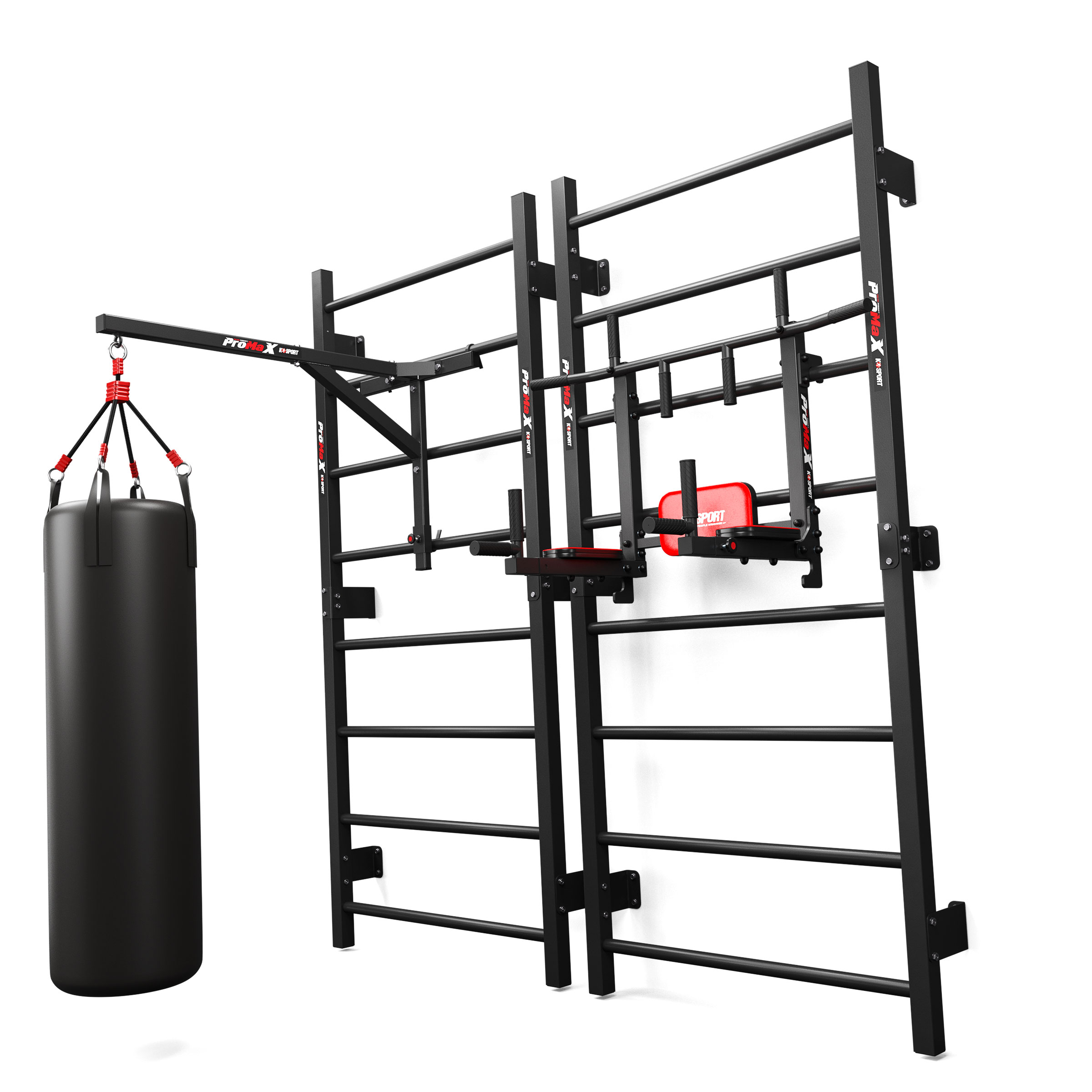Espaldera K-Sport con accesorios adicionales como soporte para saco de boxeo y barra de dips