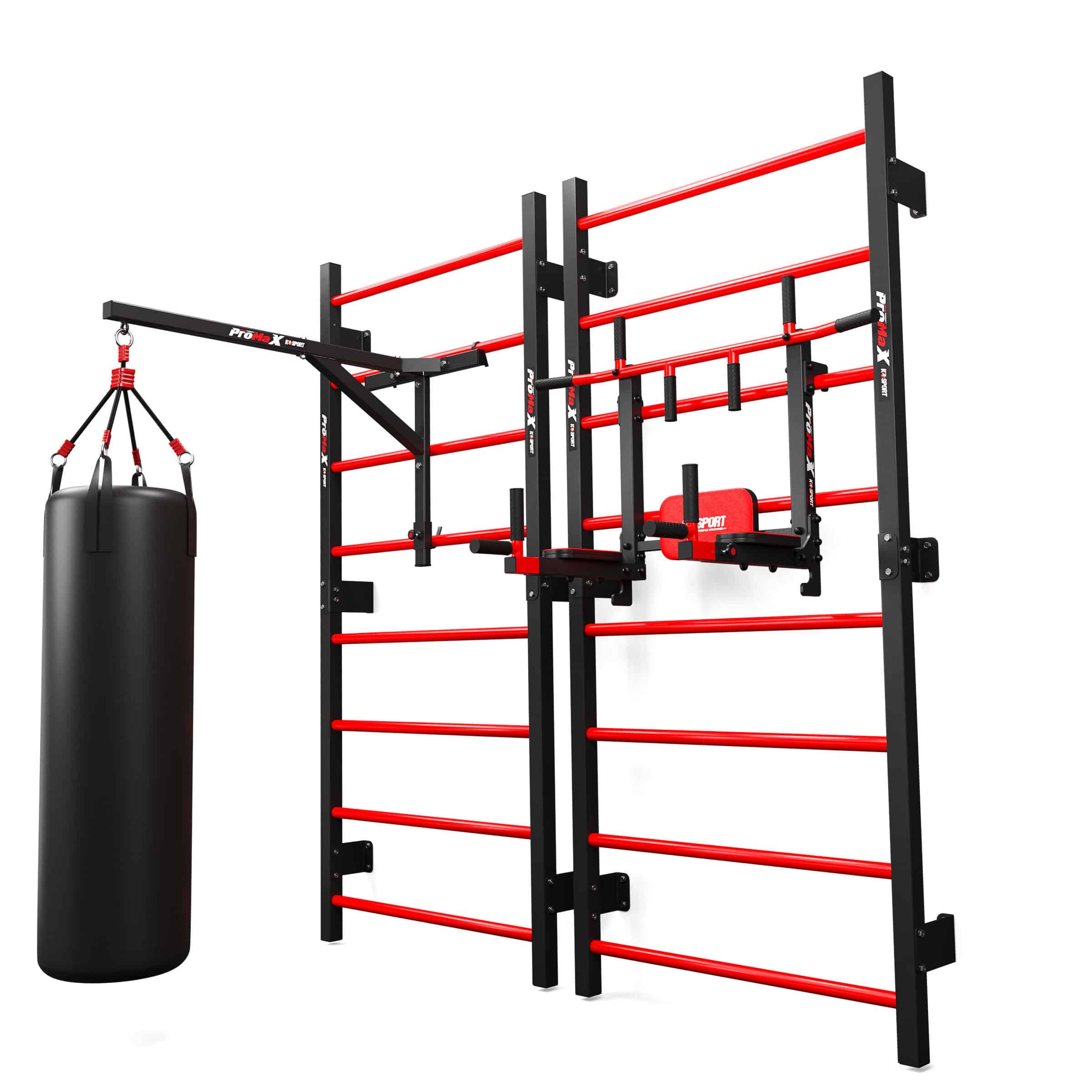 Espaldera K-Sport con accesorios adicionales como soporte para saco de boxeo y barra de dips