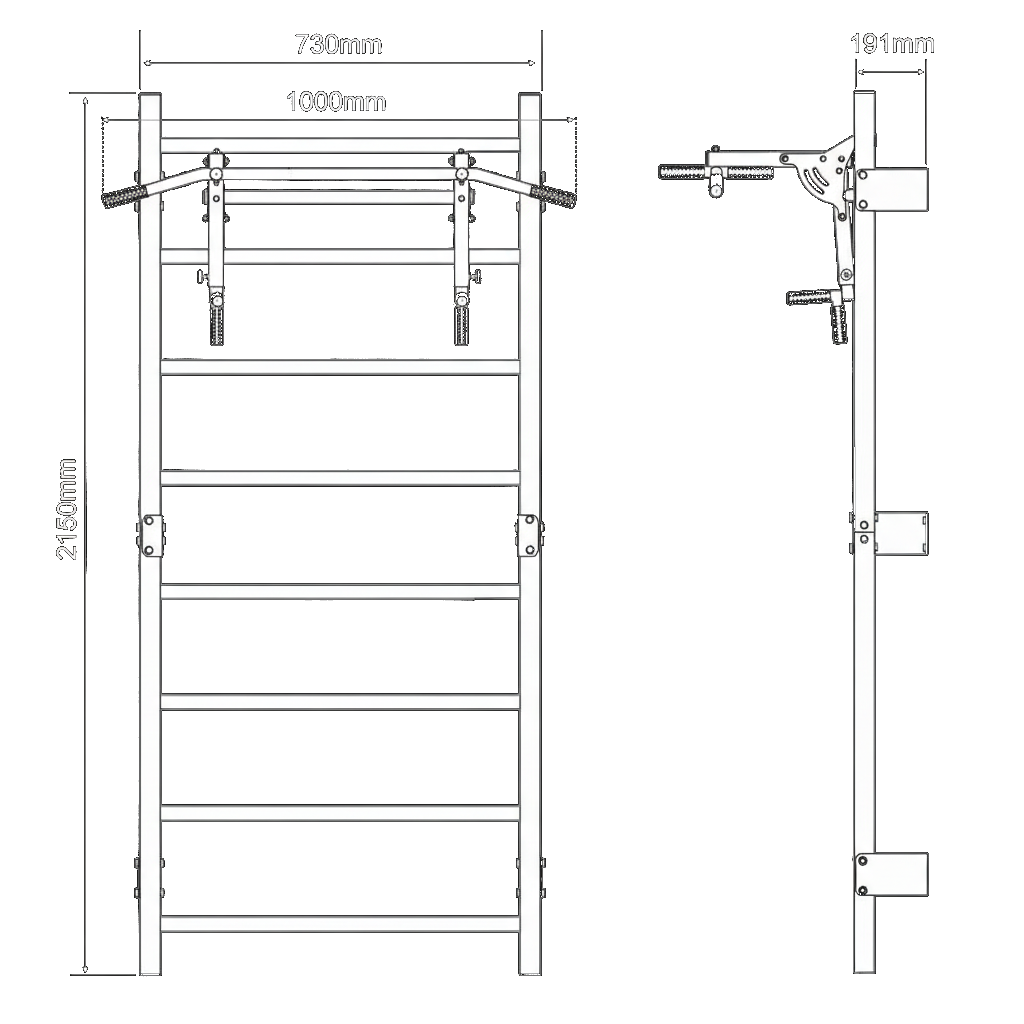 Datos técnicos - Espaldera gimnasio casa con barra para dominadas y fondos