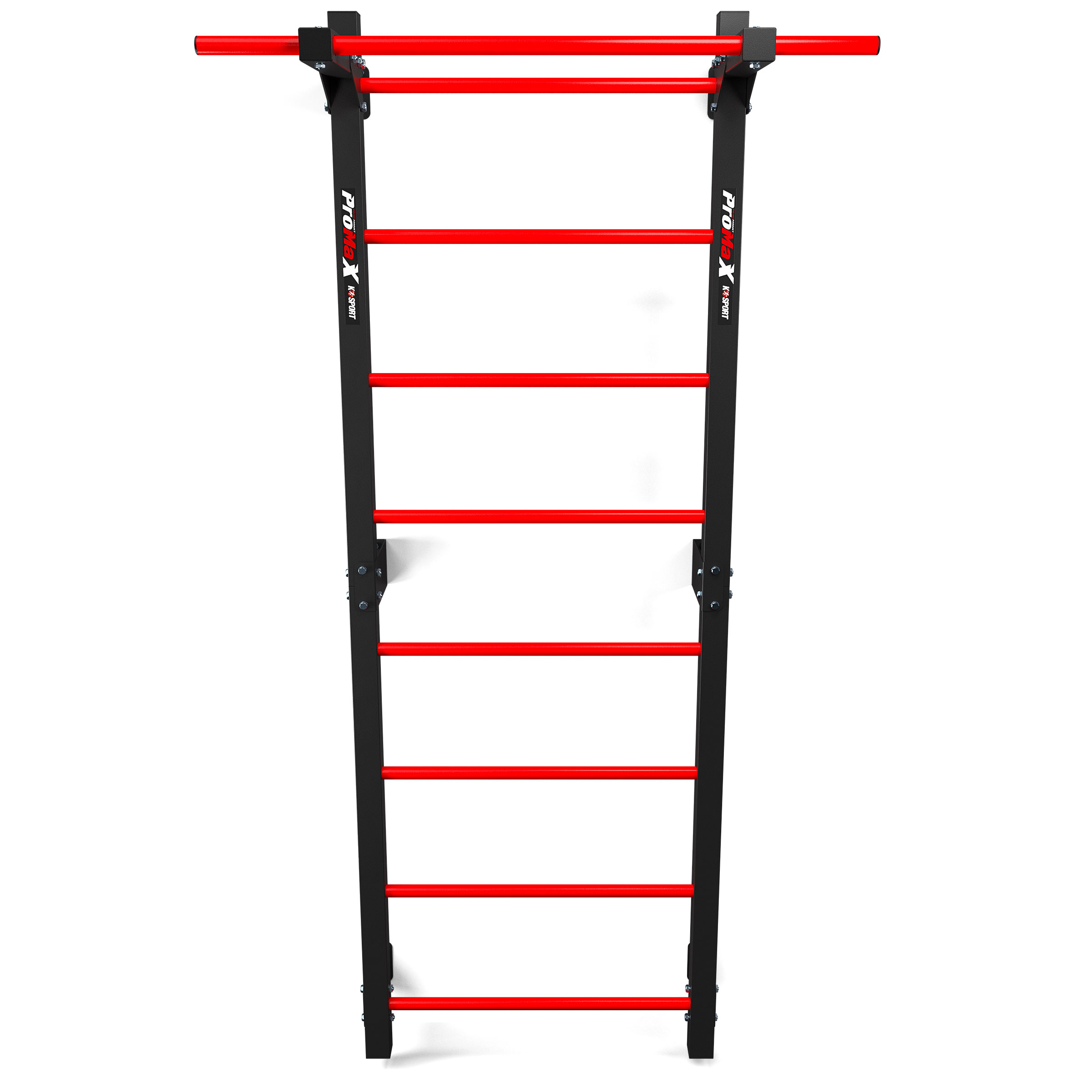 Échelle murale de fitness complète en métal noir avec barreaux rouges et barre de traction à fixer au mur