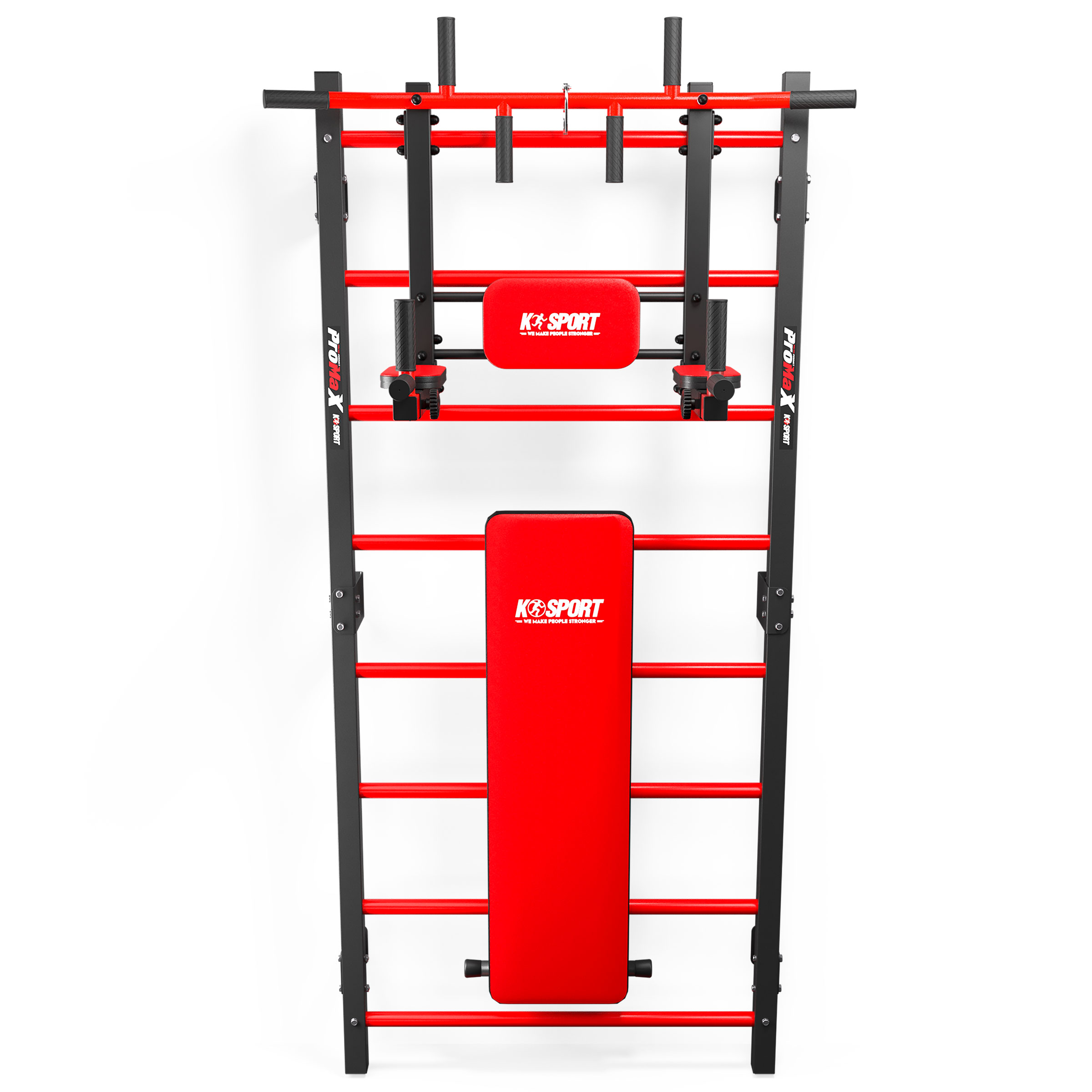 Espaldera de metal con banco rojo, estación de fondos y barra de dominadas para entrenamiento fitness versátil en pared