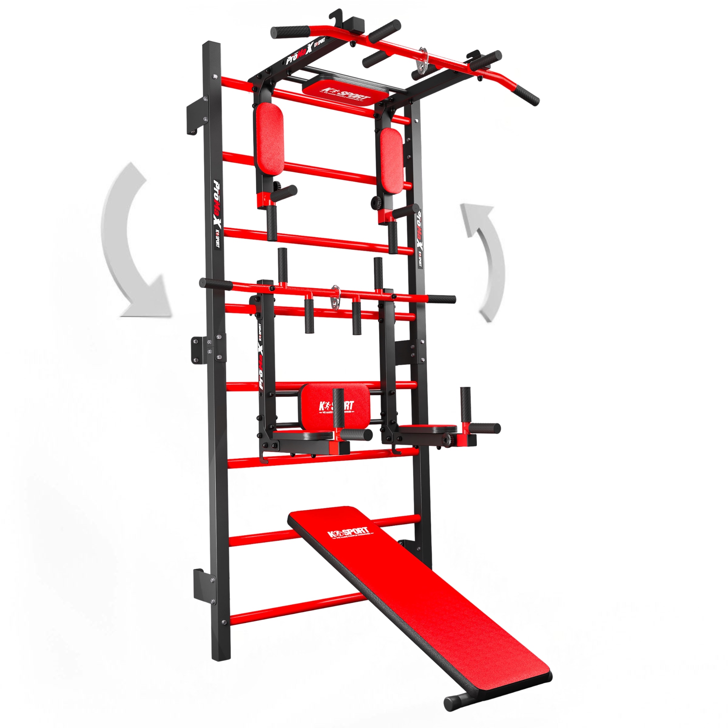 Espaldera con banco, estación de fondos y barra de dominadas ajustable para entrenamiento de cuerpo completo