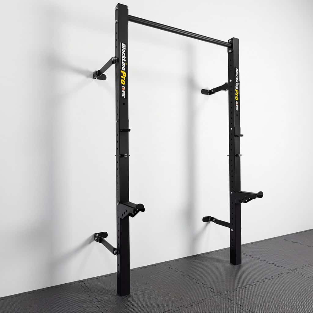 Half rack pliable mural avec barre de traction en position ouverte