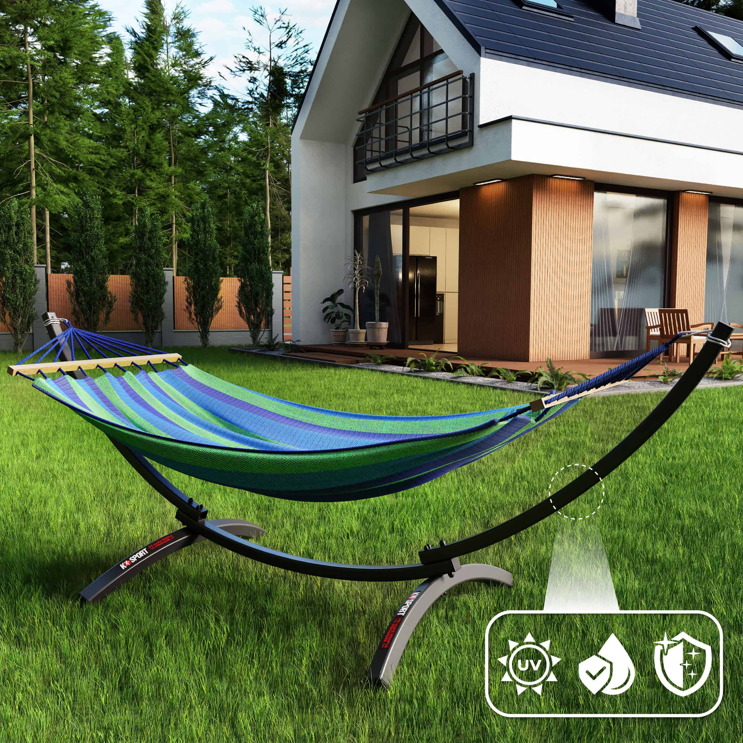 Hamac de jardin avec support dans un jardin moderne devant une maison, résistant aux intempéries et aux UV