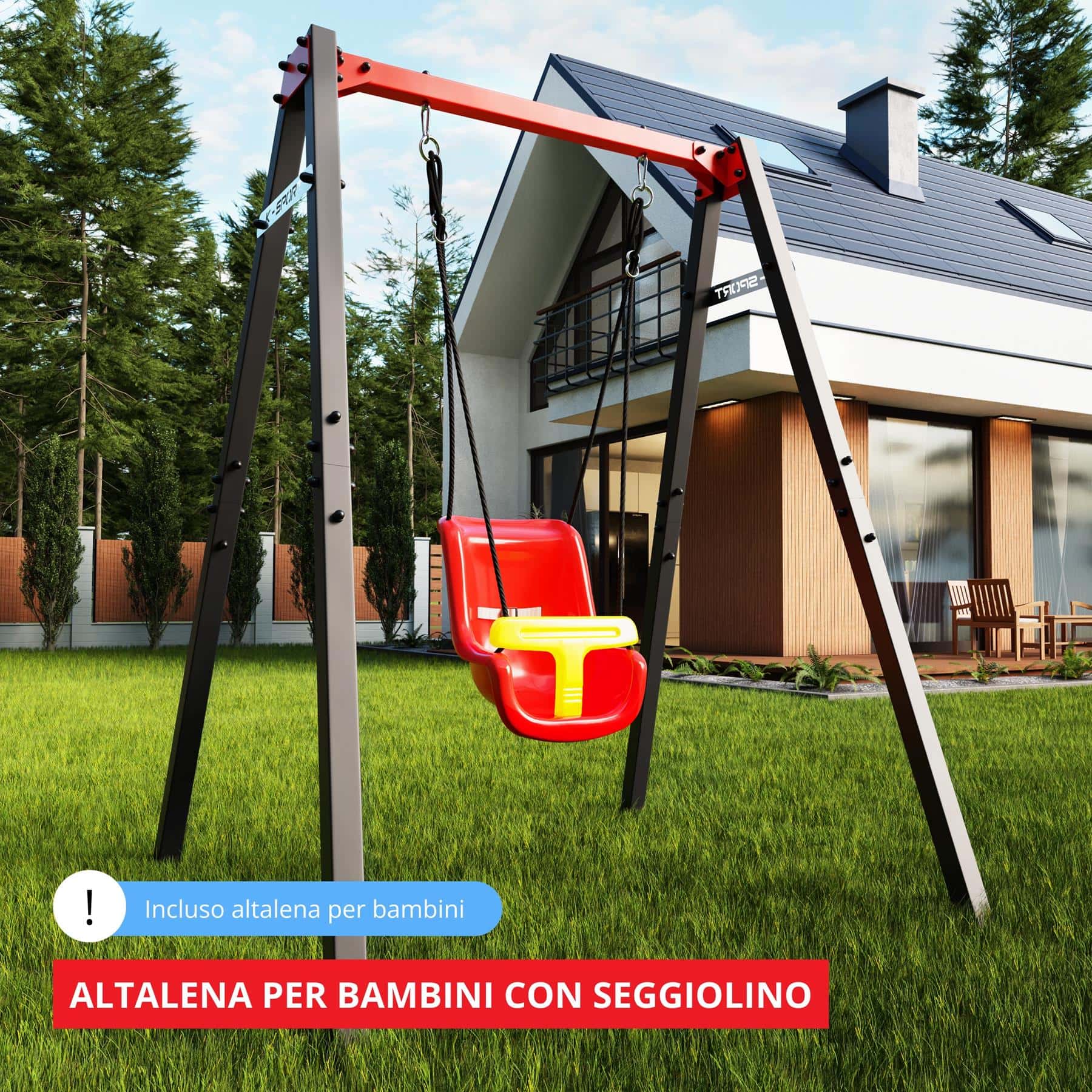 Altalena per bambini K-Sport con struttura, perfetta per i più piccoli e per attività versatili in giardino