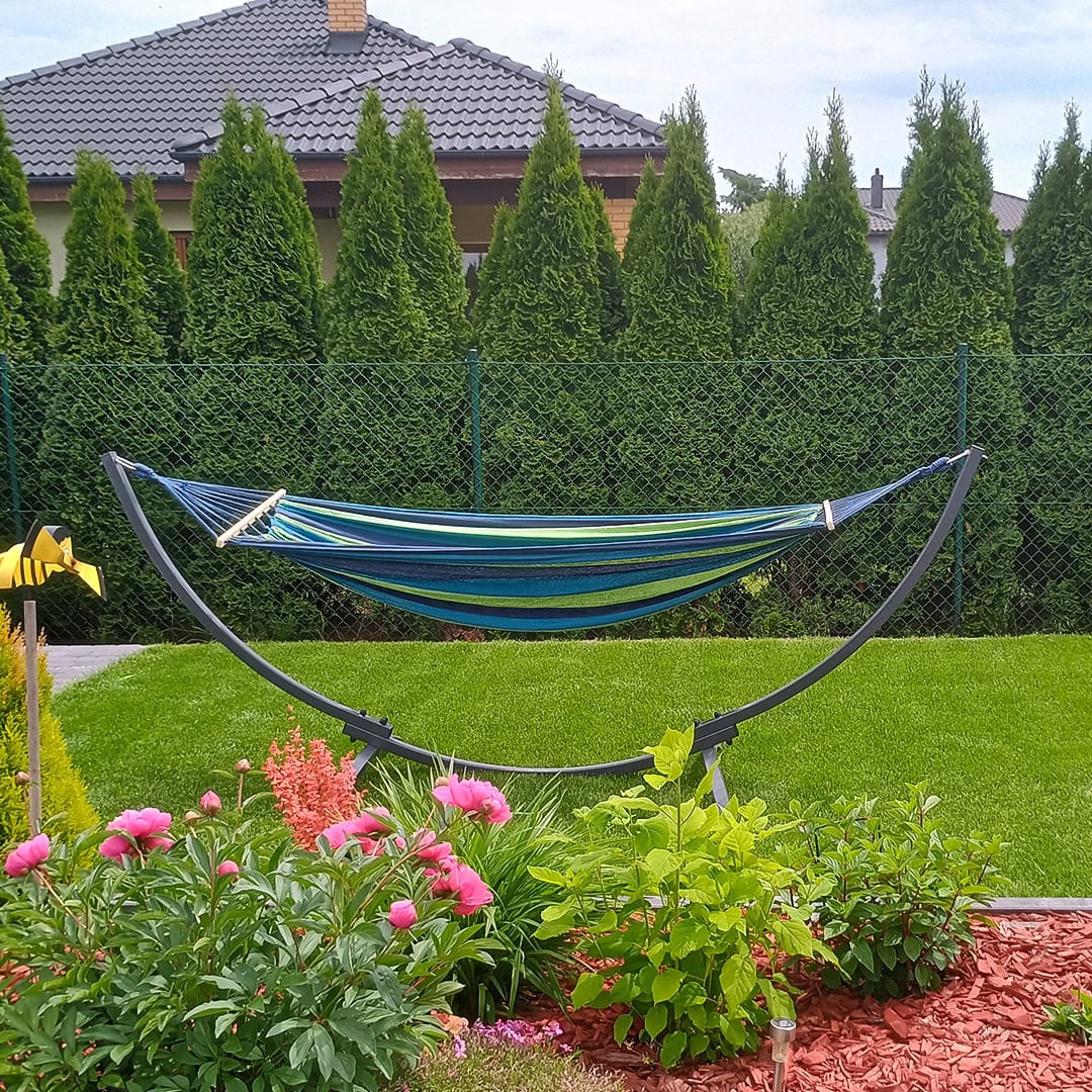 Potenza amaca da giardino con struttura in acciaio, per 2 persone, amaca 220 x 160 con barre trasversali, portata 200 kg (Beige, Telaio zincato premium