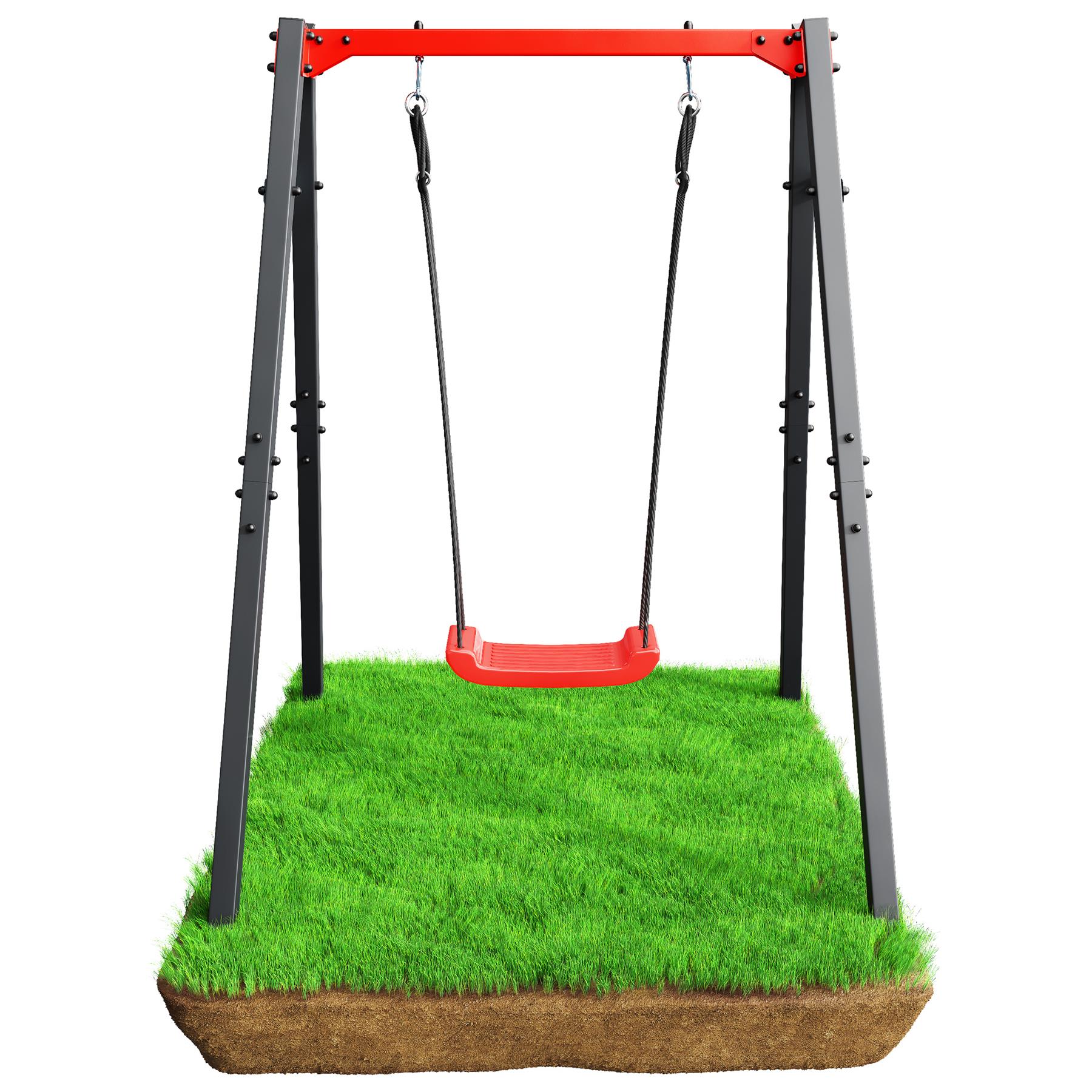 Vue détaillée de la balançoire de jardin avec siège rouge et cadre robuste pour une durabilité maximale