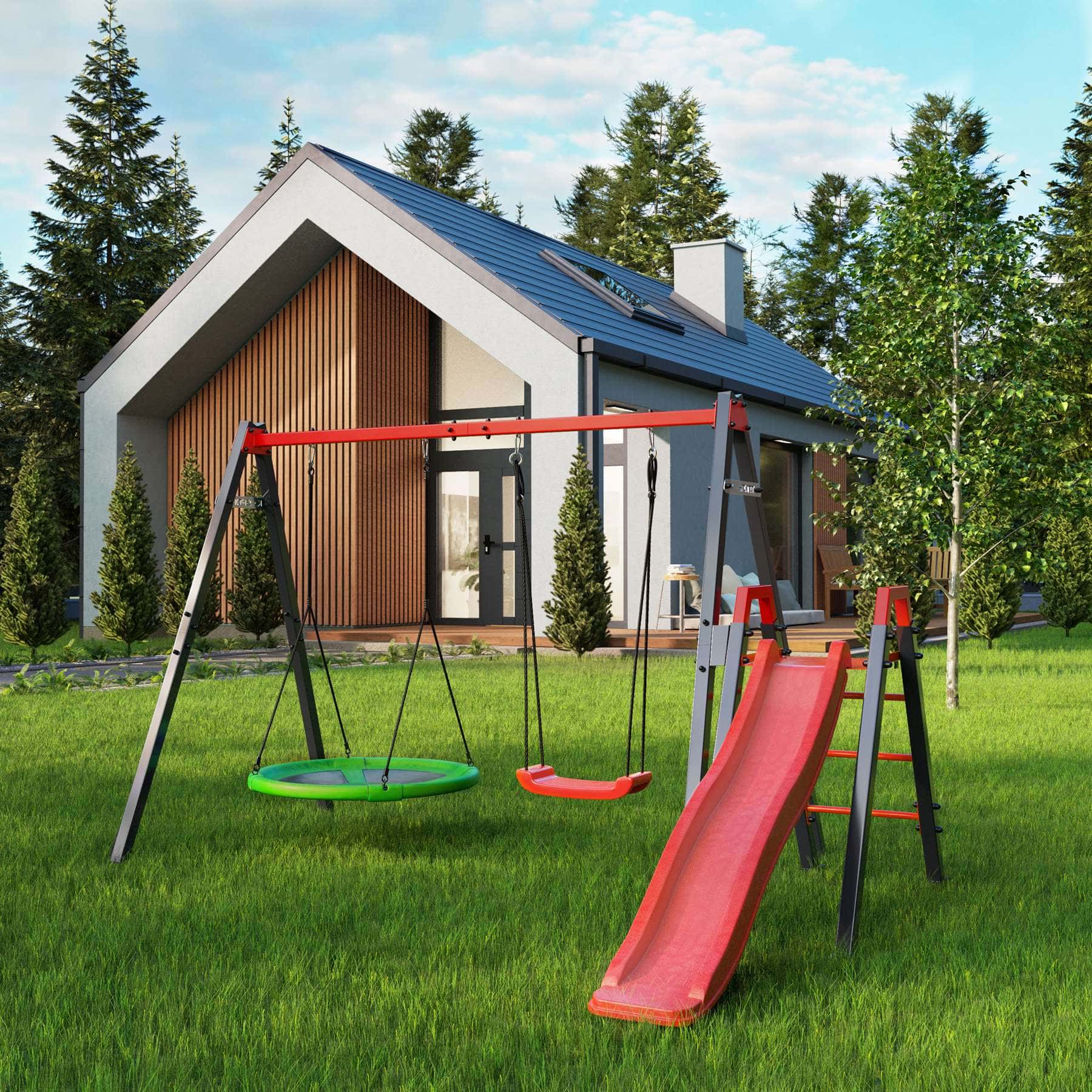 Ensemble balançoire avec toboggan dans un jardin devant une maison moderne