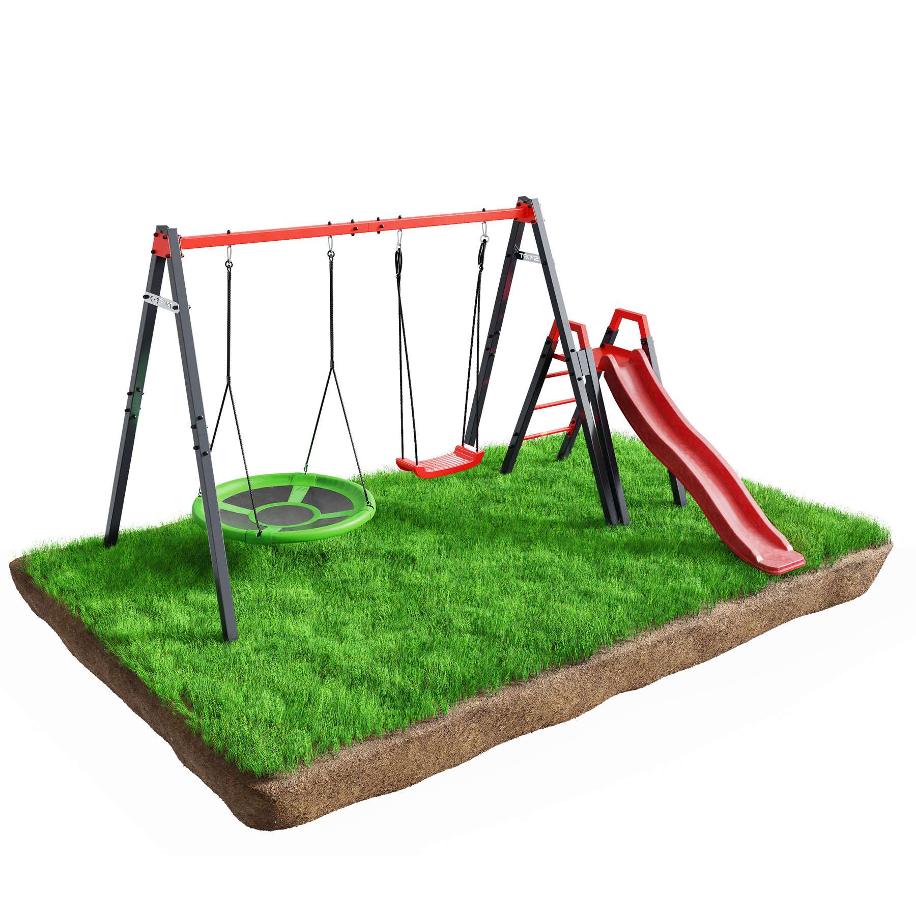 Ensemble balançoire avec toboggan et balançoire à nid sur gazon vert