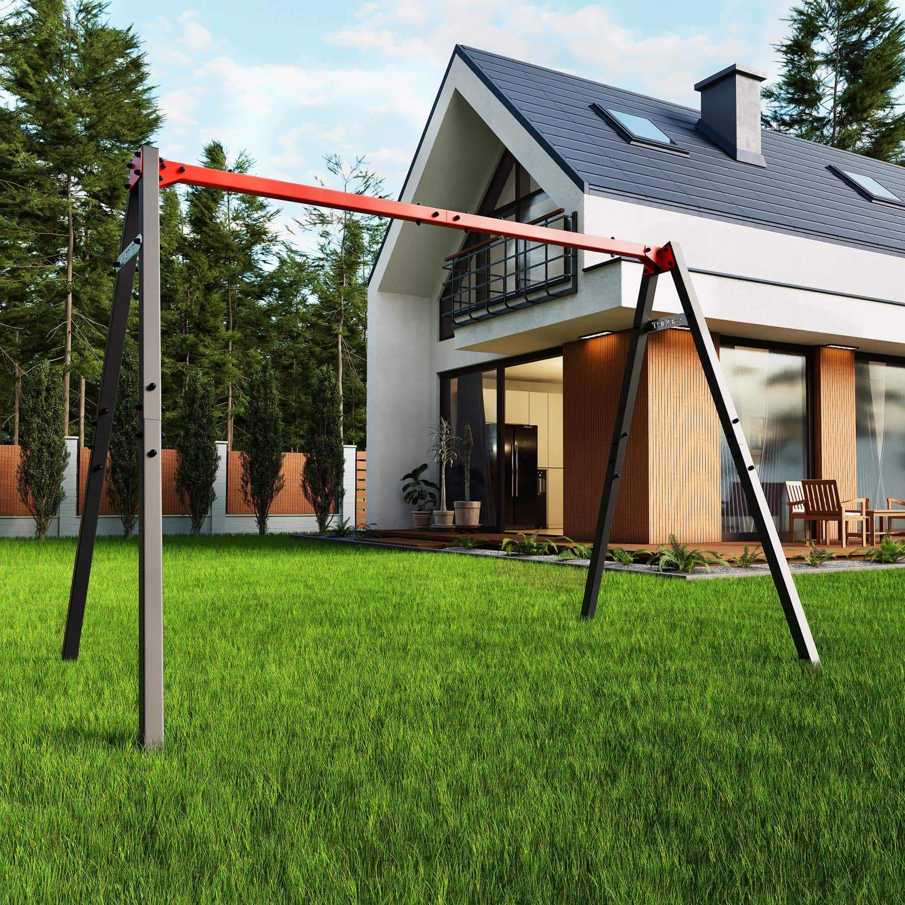 Balançoire enfant double devant la maison avec jardin