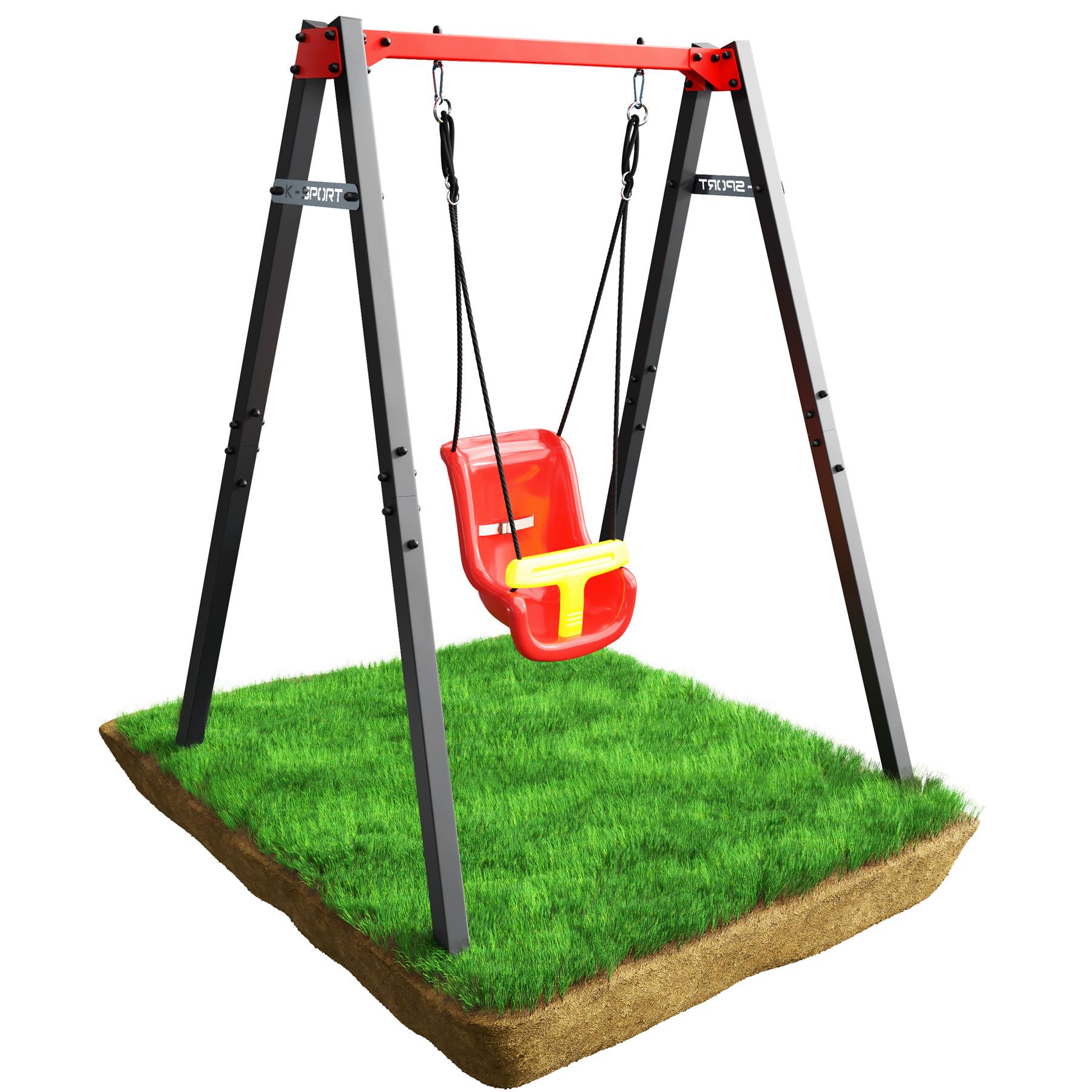 Balançoire pour bébé avec siège rouge et barre de sécurité jaune, cadre métallique stable pour jouer en toute sécurité dans le jardin