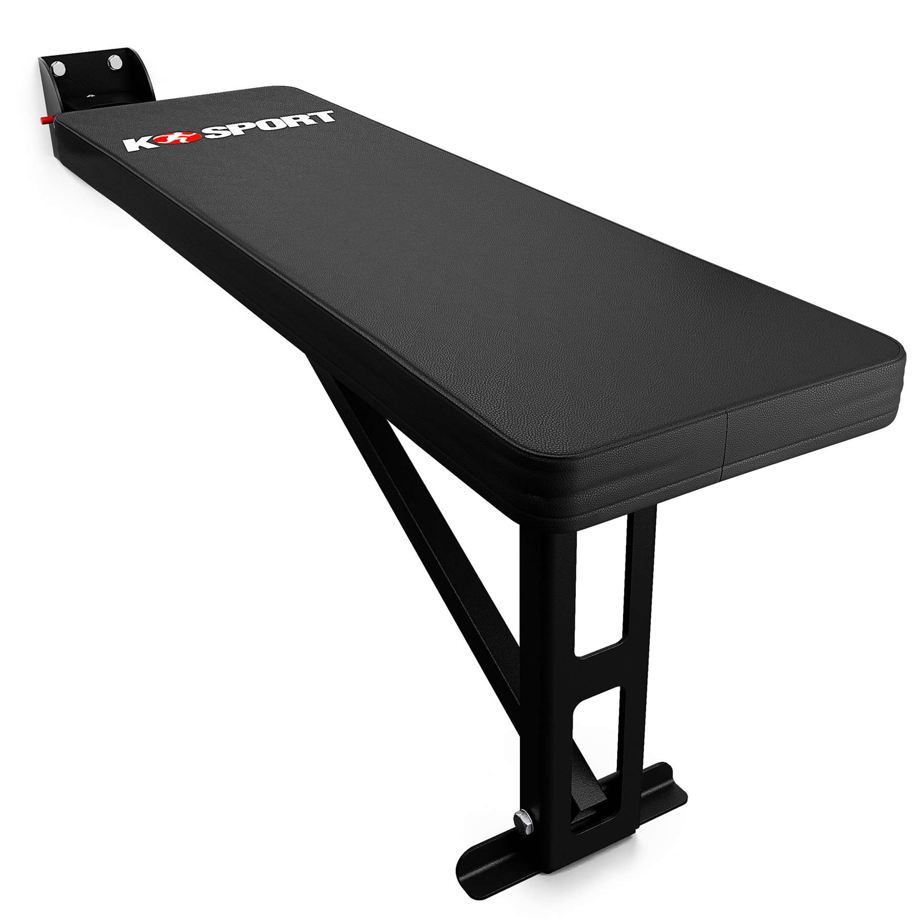 Banc de musculation pliable pour montage mural vue de face en position dépliée avec pied de support